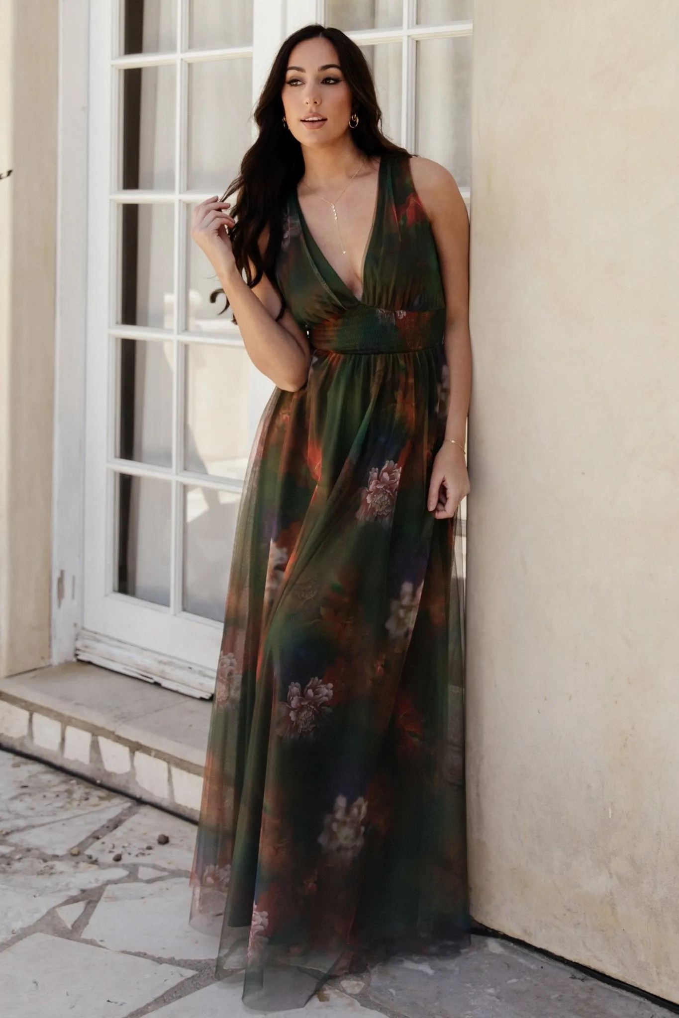 Kamila Tulle Maxi Dress | Olive Multi Floral sold by Baltic Born product image thumbnail 5
