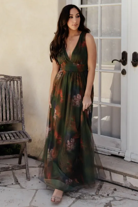 Kamila Tulle Maxi Dress | Olive Multi Floral sold by Baltic Born