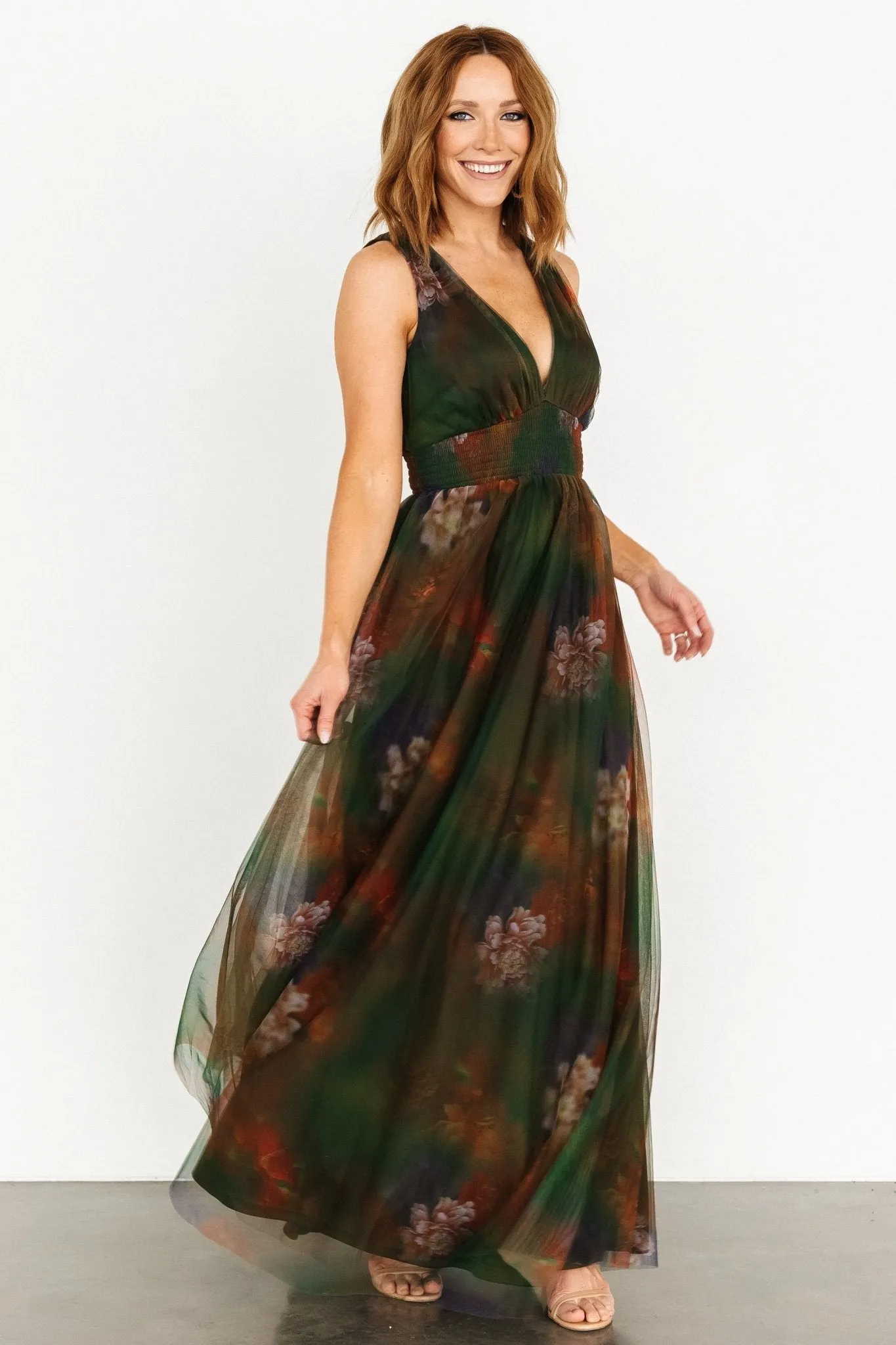 Kamila Tulle Maxi Dress | Olive Multi Floral sold by Baltic Born product image thumbnail 4
