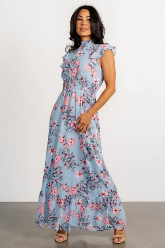 Kearny Ruffle Maxi Dress | Light Blue + Blush sold by Baltic Born