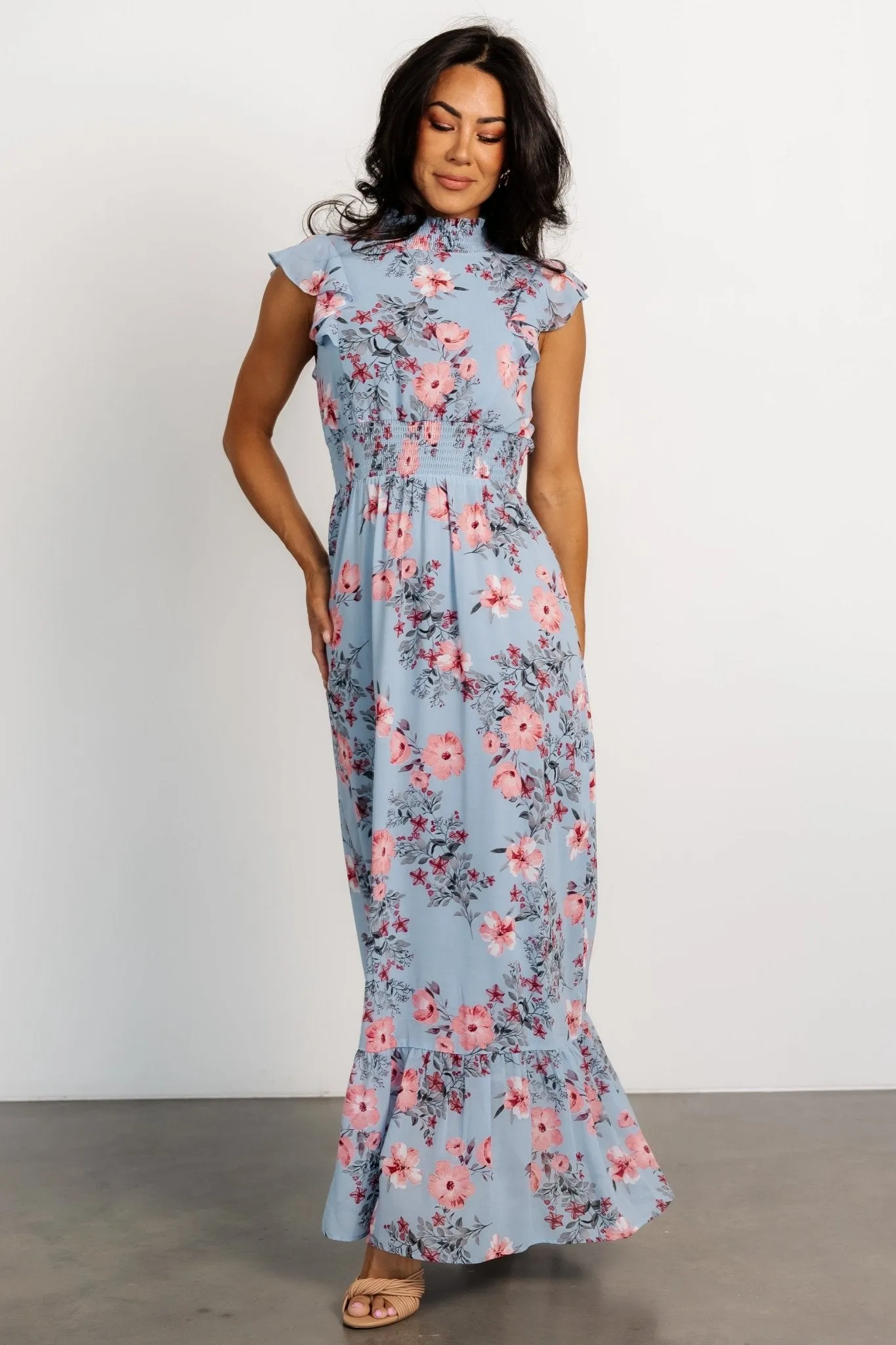 Kearny Ruffle Maxi Dress | Light Blue + Blush sold by Baltic Born product image thumbnail 4