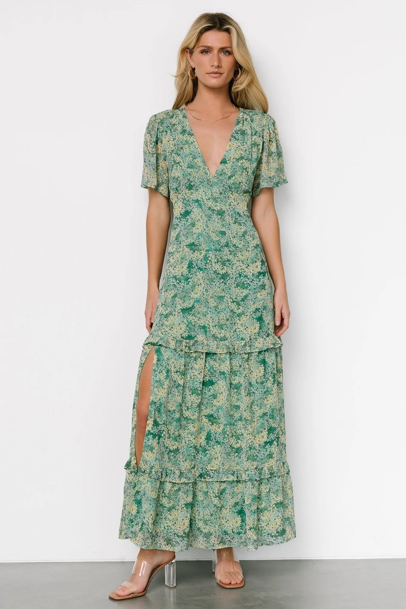 Audrey Deep V Maxi Dress | Green Floral sold by Baltic Born