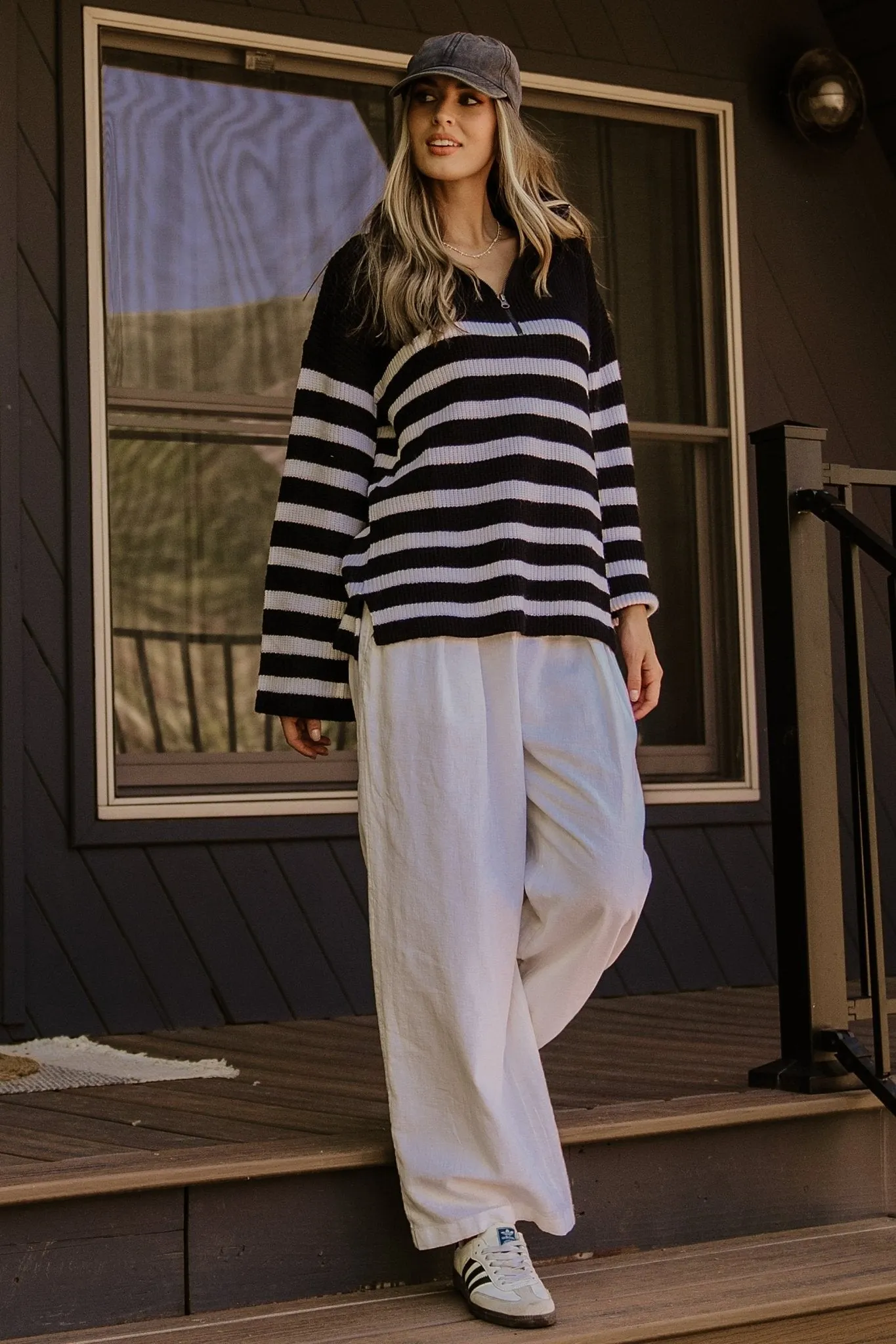 Elmer Striped Half Zip Sweater | Black + White sold by Baltic Born