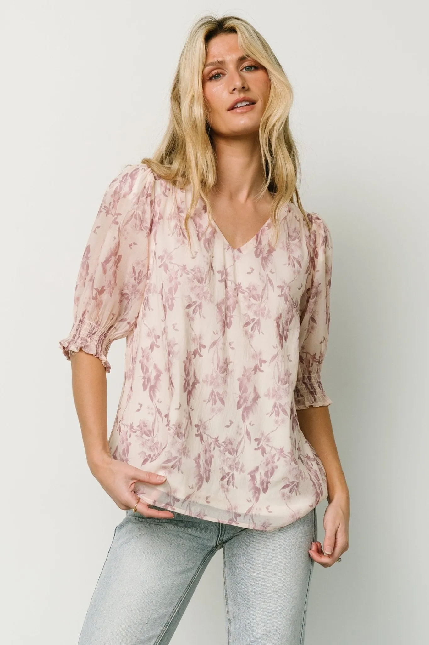 Cordova Top | Beige + Mauve Floral sold by Baltic Born