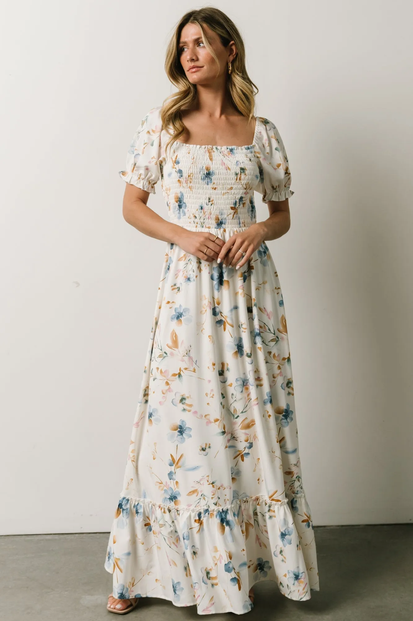 Capri Smocked Maxi Dress | White Multi Print sold by Baltic Born product image thumbnail 3