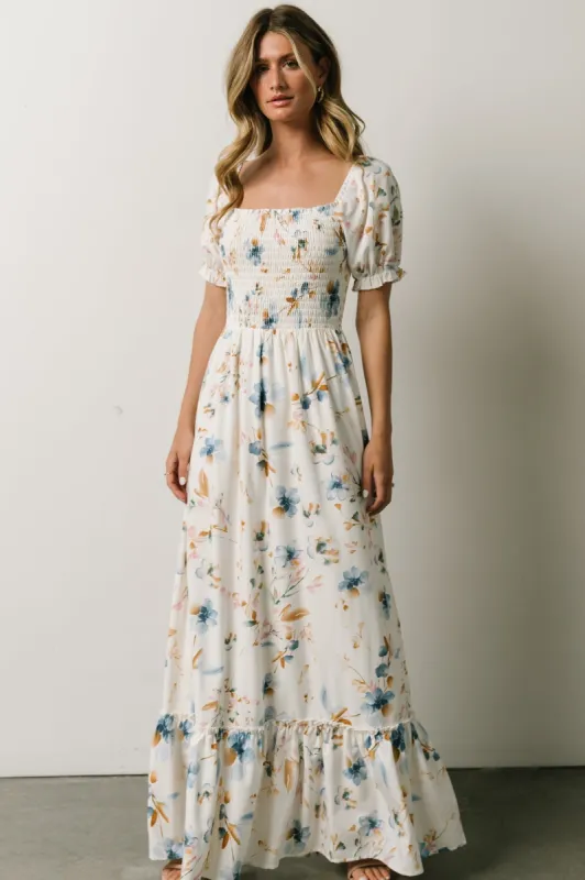 Capri Smocked Maxi Dress | White Multi Print sold by Baltic Born