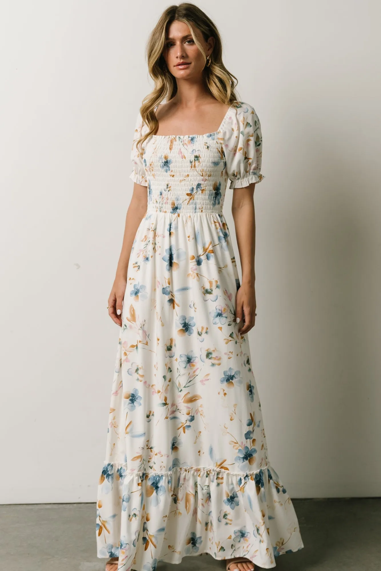 Capri Smocked Maxi Dress | White Multi Print sold by Baltic Born