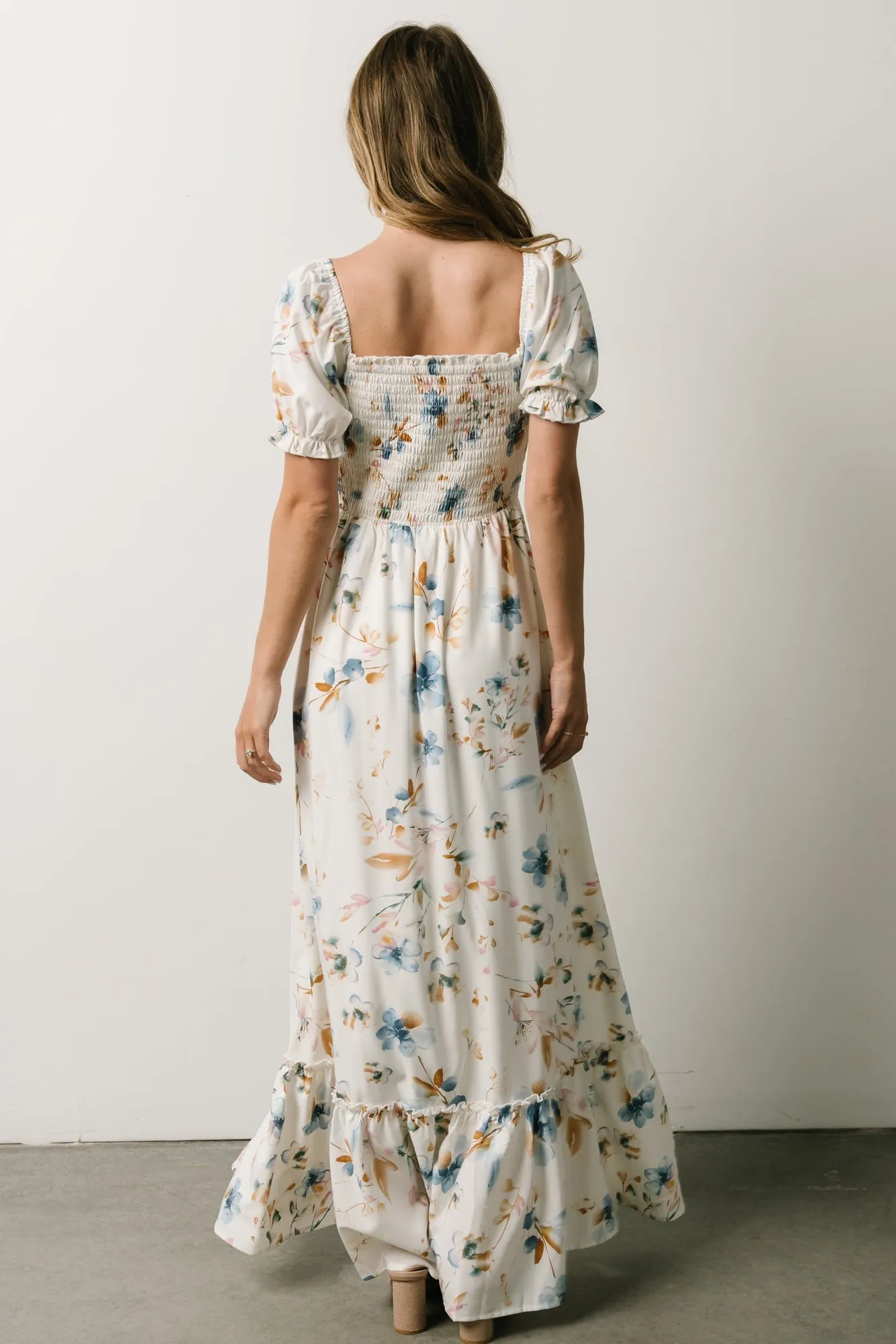 Capri Smocked Maxi Dress | White Multi Print sold by Baltic Born product image thumbnail 5