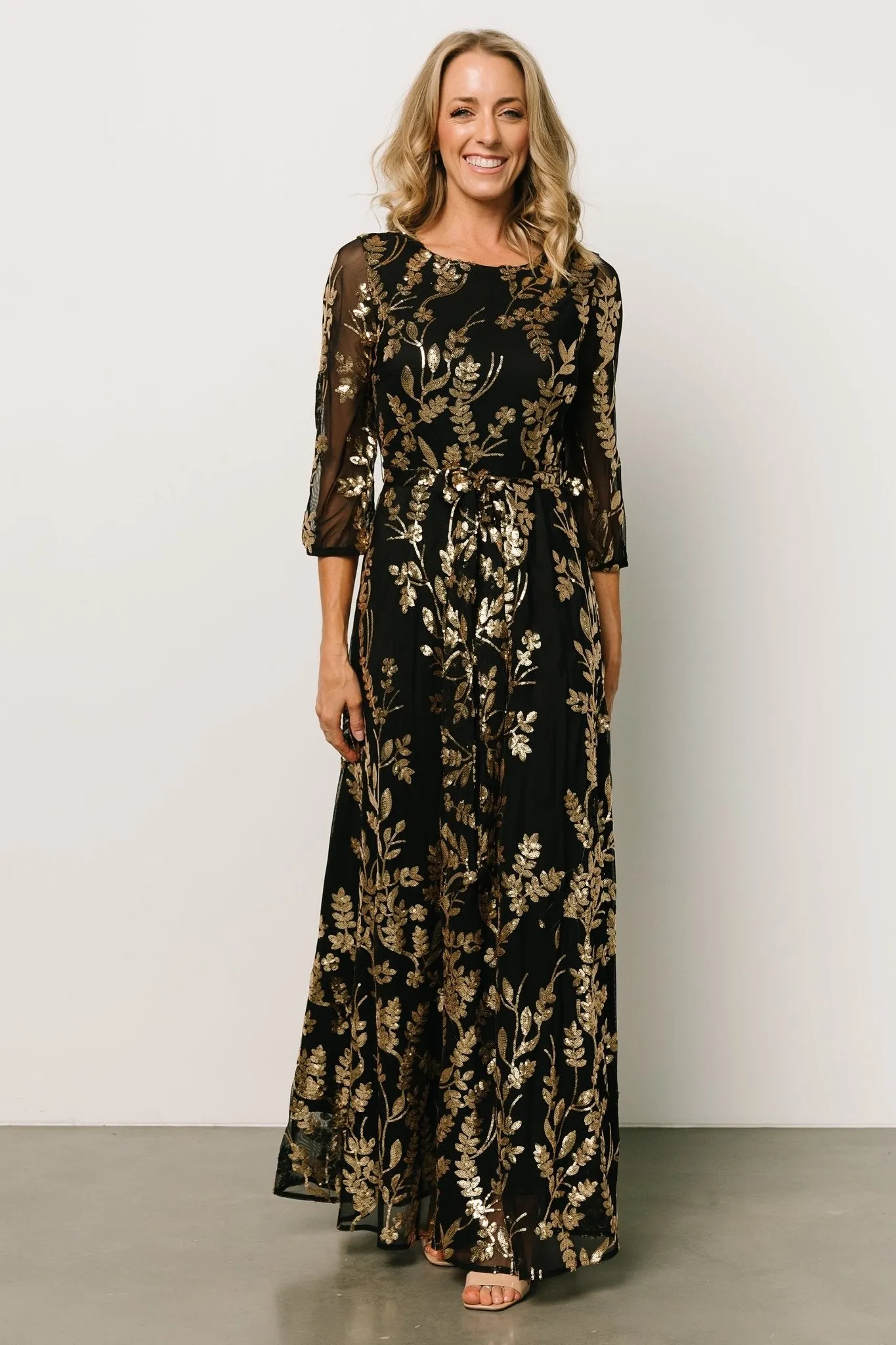 Destiny Sequin Maxi Dress | Black + Gold sold by Baltic Born