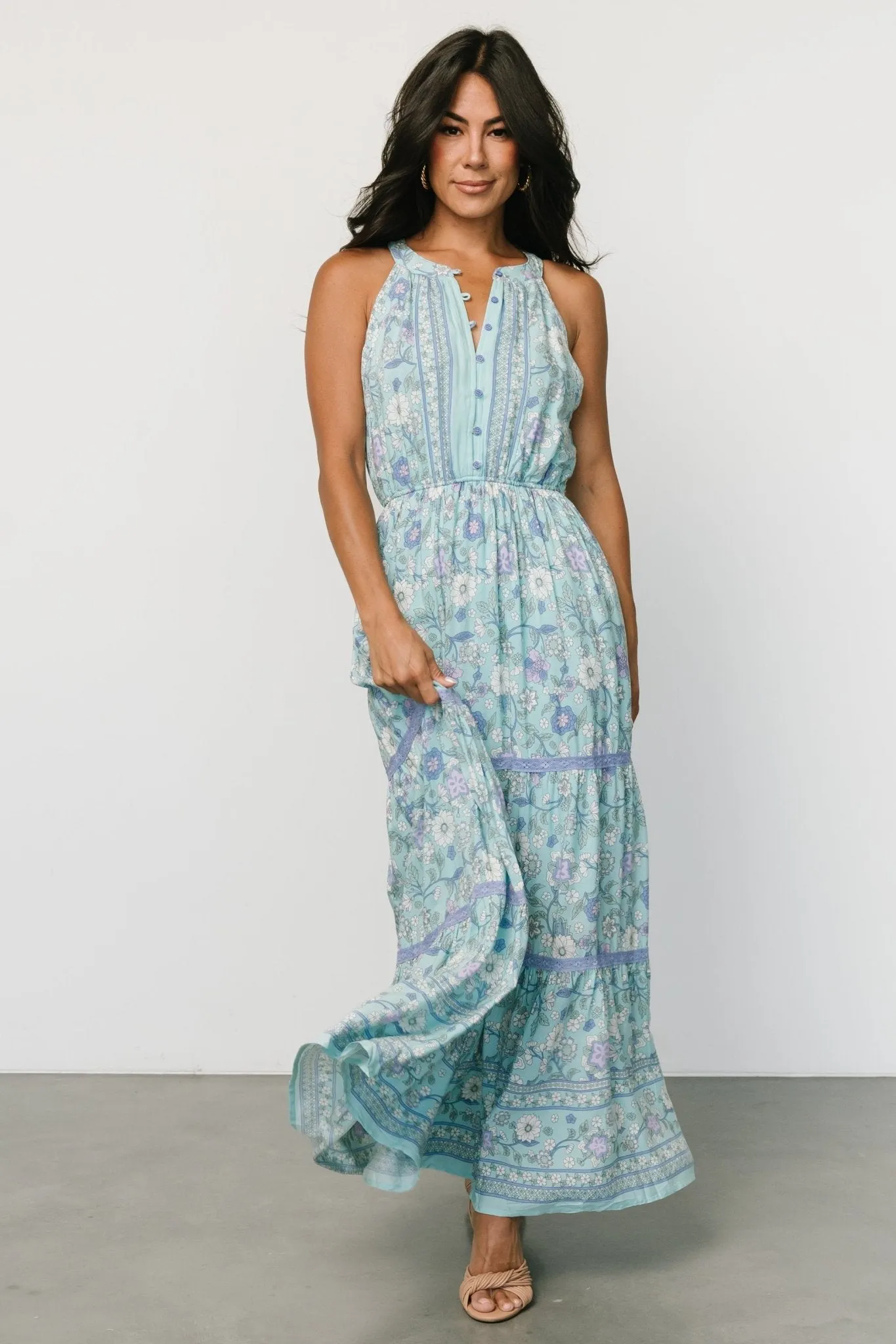 Meline Button Front Maxi Dress | Light Blue Multi sold by Baltic Born product image thumbnail 4
