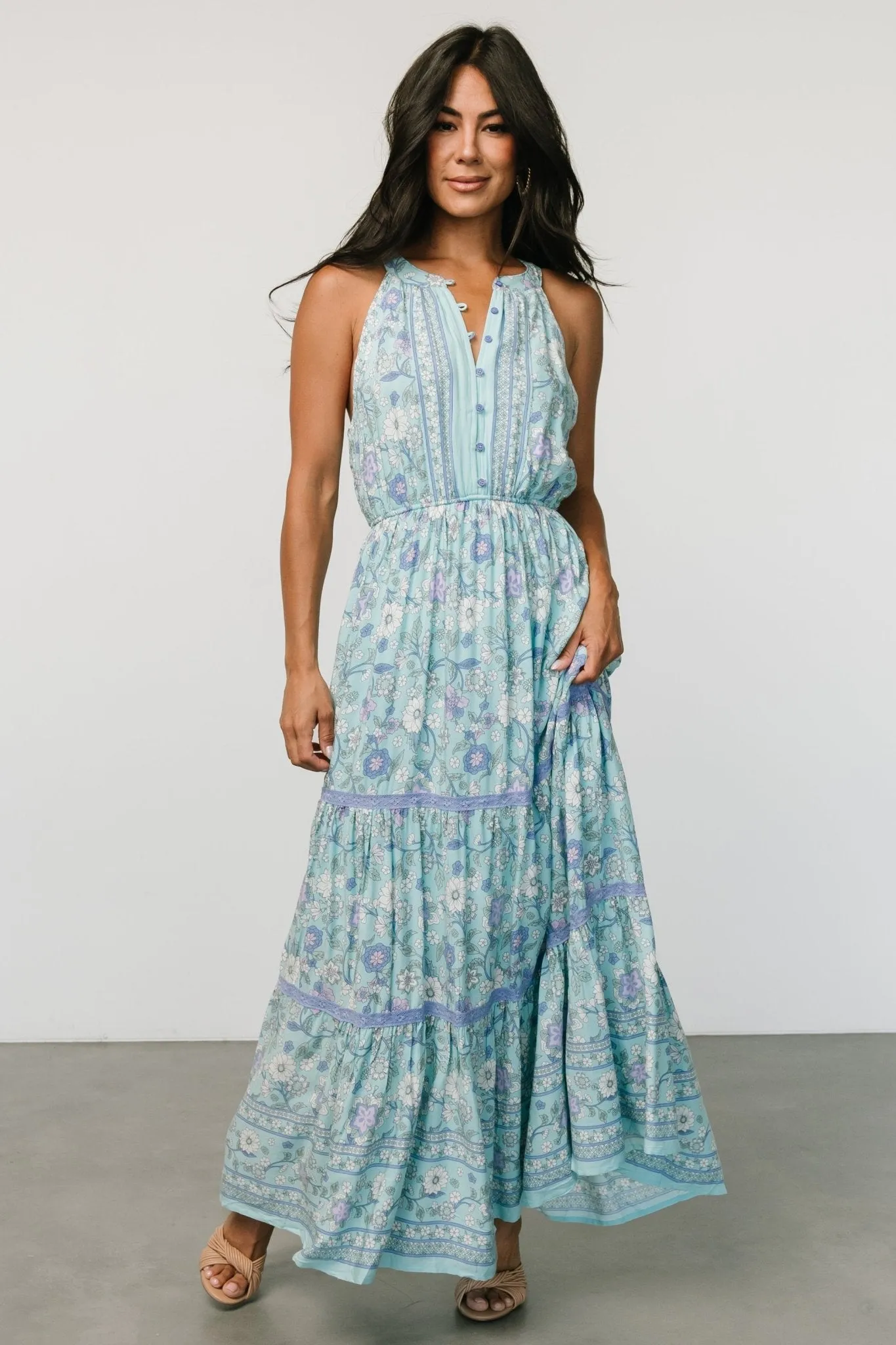Meline Button Front Maxi Dress | Light Blue Multi sold by Baltic Born