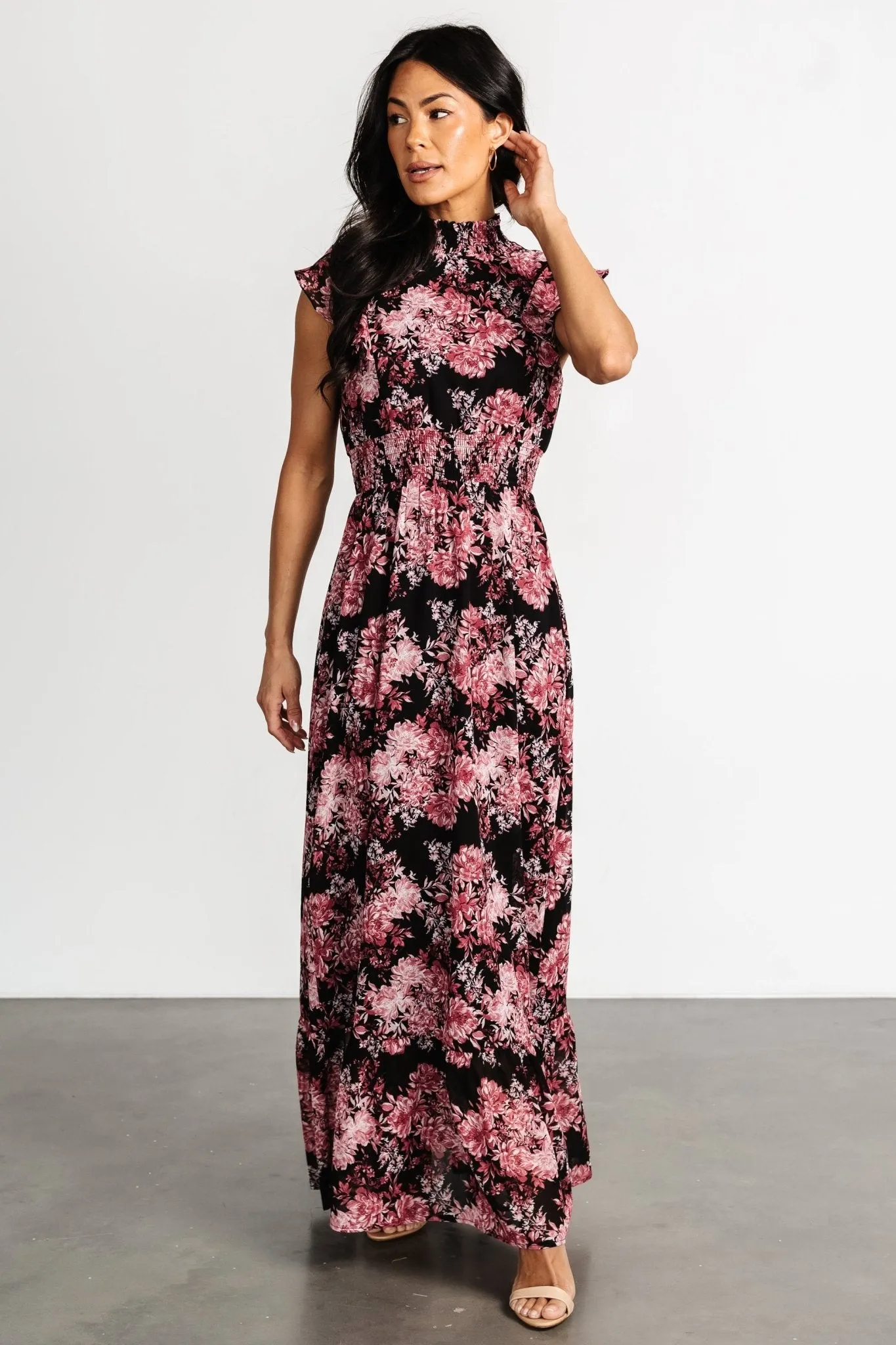 Kearny Ruffle Maxi Dress | Black + Mauve sold by Baltic Born