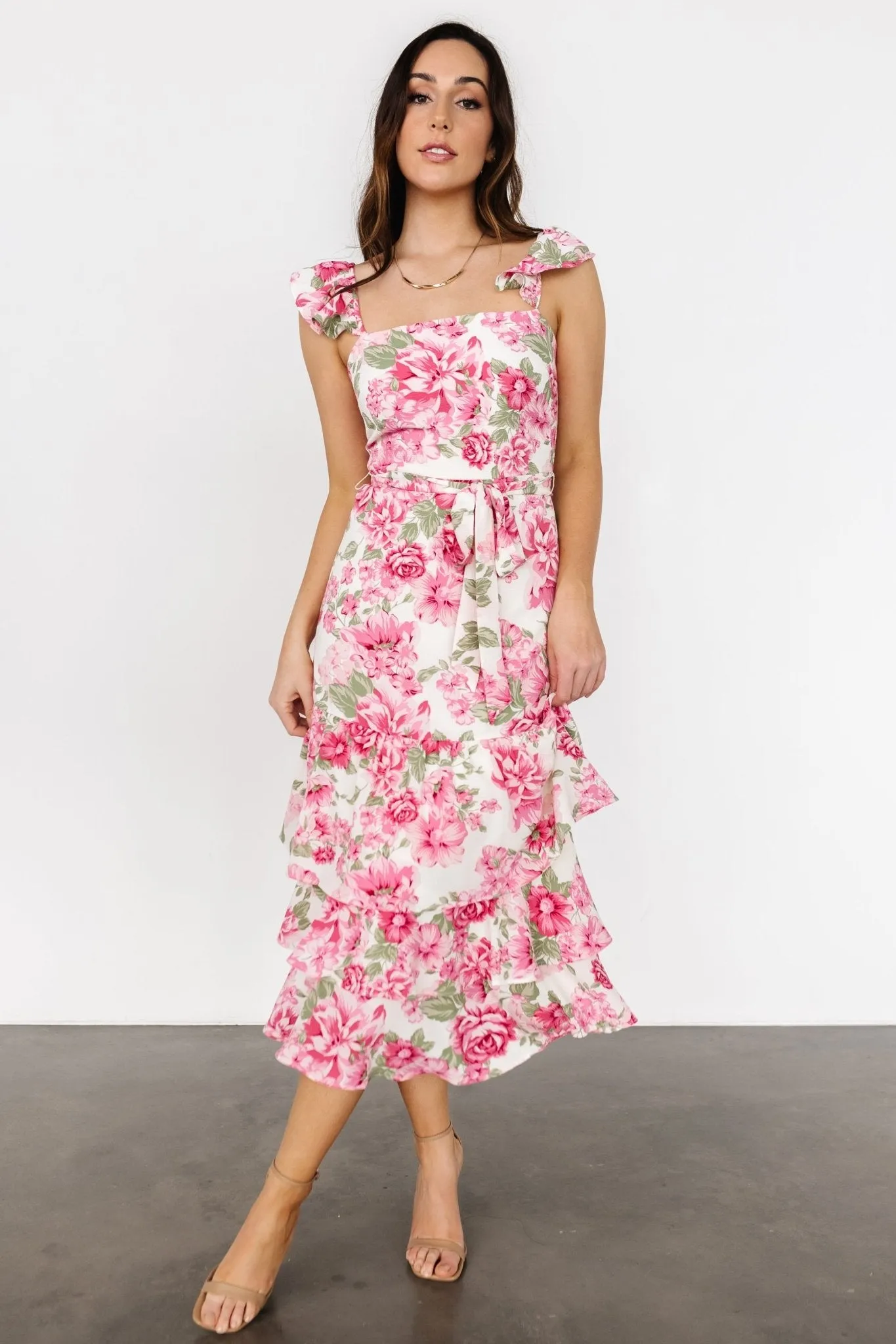 Guayana Ruffle Midi Dress | Pink + Ivory sold by Baltic Born