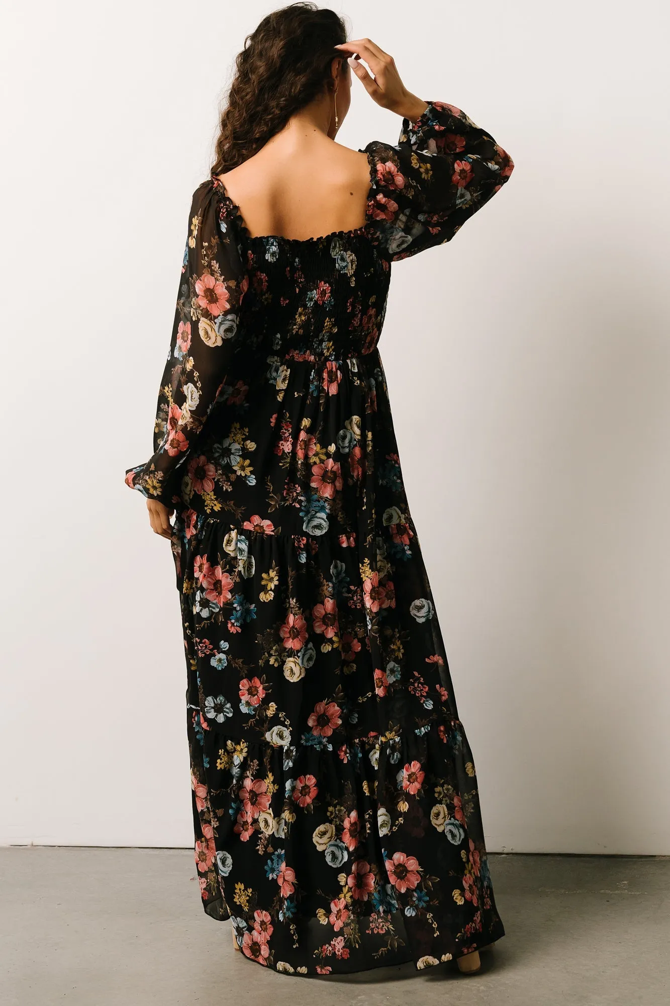 Isabela Smocked Maxi Dress | Black Multi Floral sold by Baltic Born product image thumbnail 5