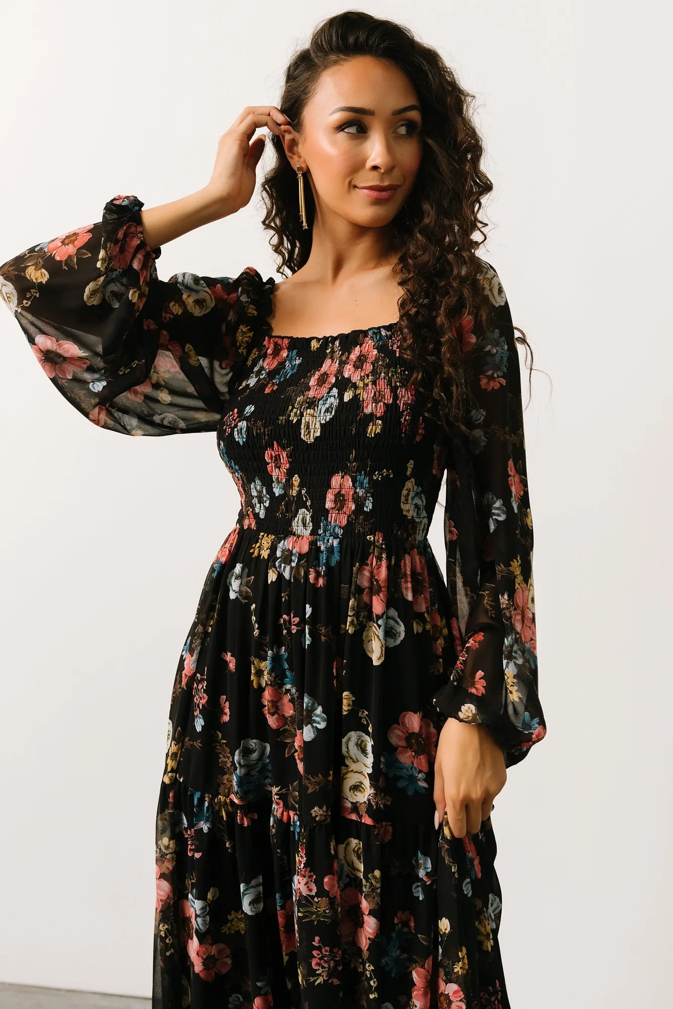 Isabela Smocked Maxi Dress | Black Multi Floral sold by Baltic Born product image thumbnail 2