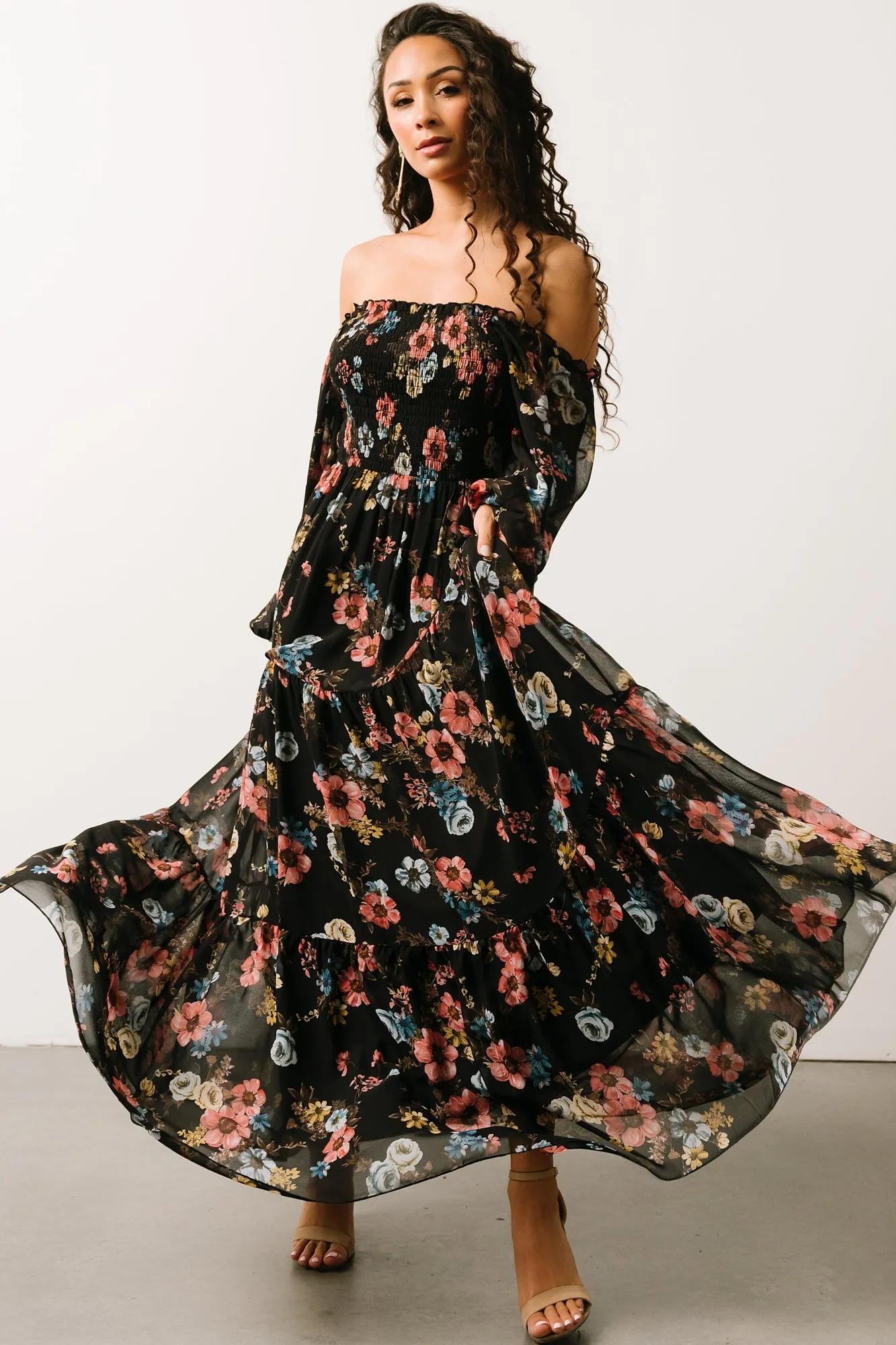 Isabela Smocked Maxi Dress | Black Multi Floral sold by Baltic Born product image thumbnail 3