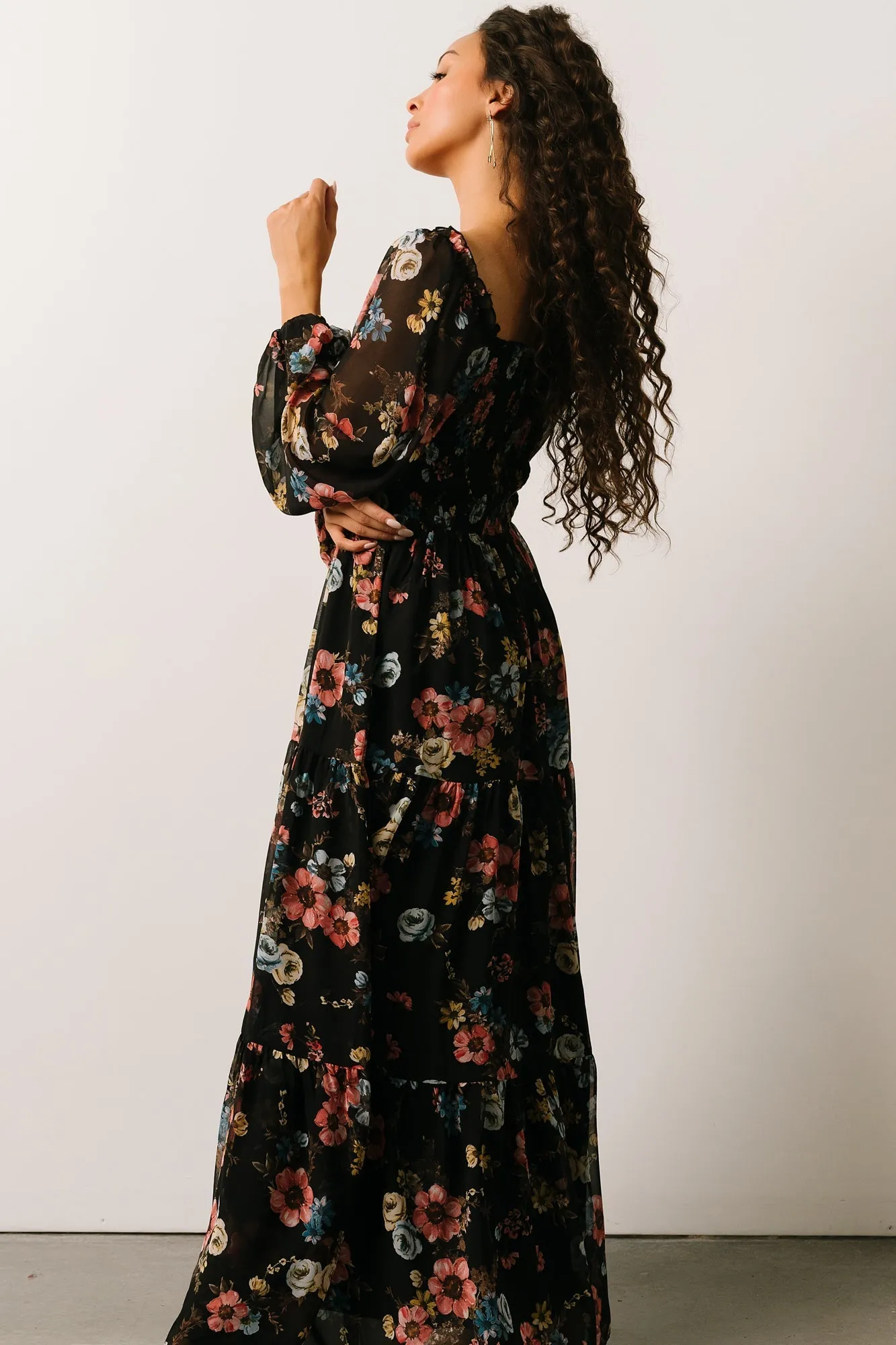 Isabela Smocked Maxi Dress | Black Multi Floral sold by Baltic Born product image thumbnail 4