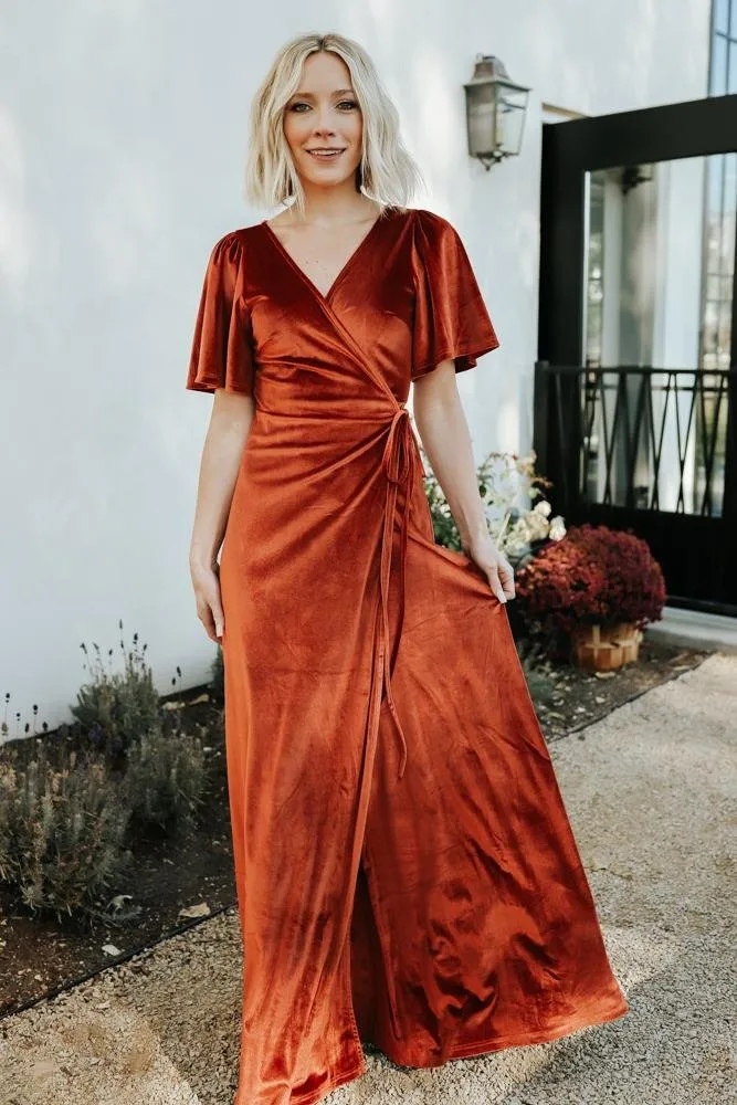 Meghan Velvet Wrap Maxi Dress | Rust sold by Baltic Born
