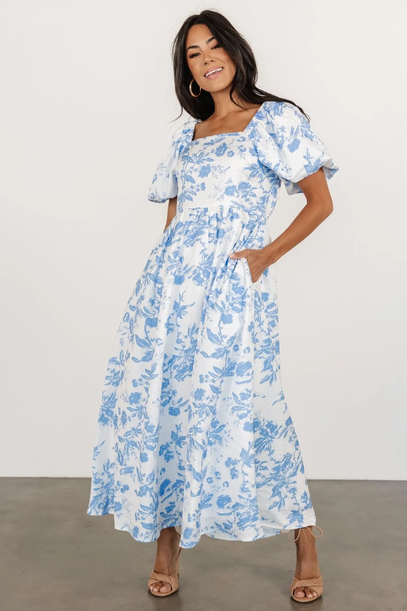 Graceland Maxi Dress | White + Blue Floral sold by Baltic Born