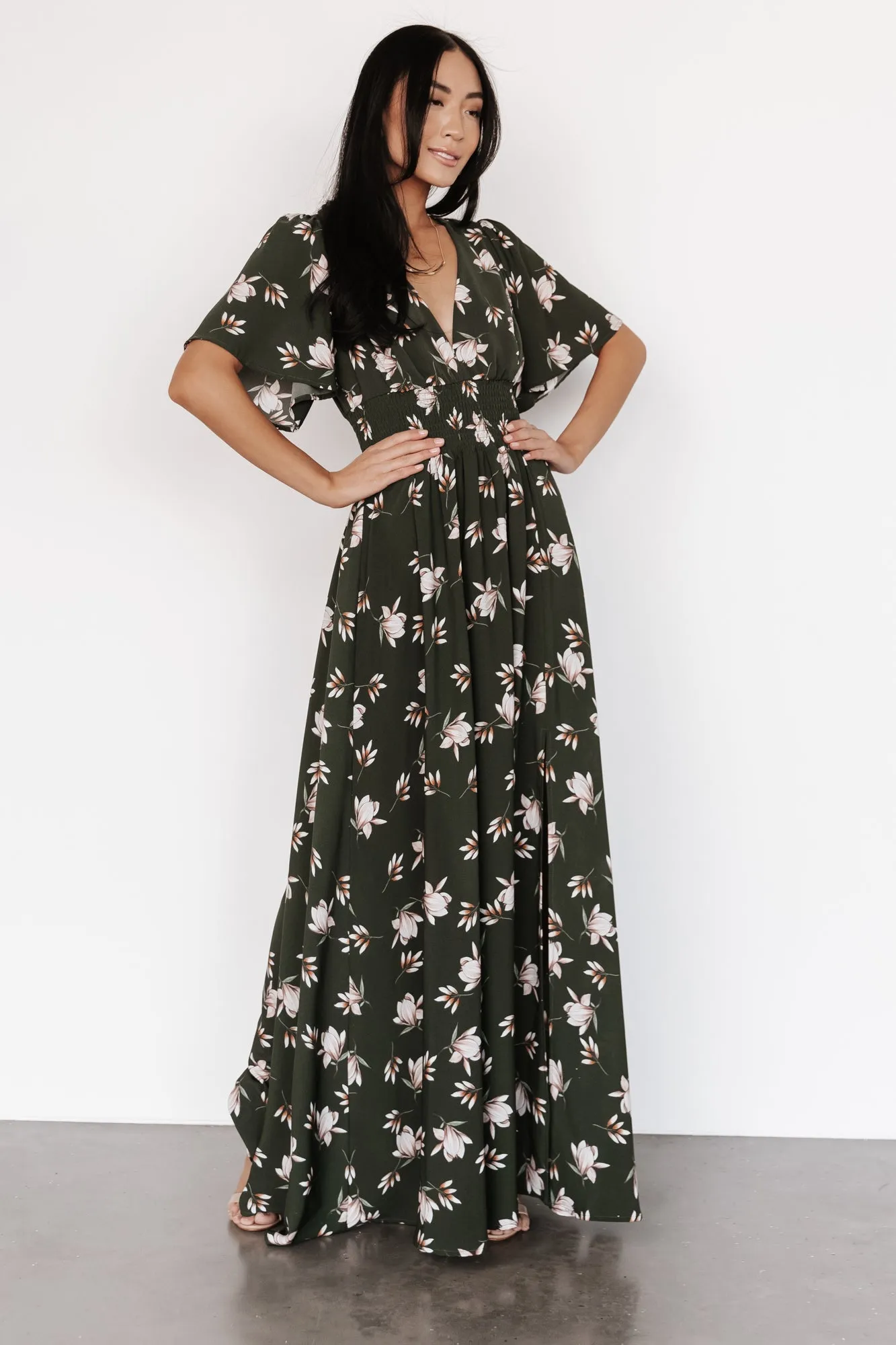 Verona Smocked Maxi Dress | Green + White Floral sold by Baltic Born product image thumbnail 3