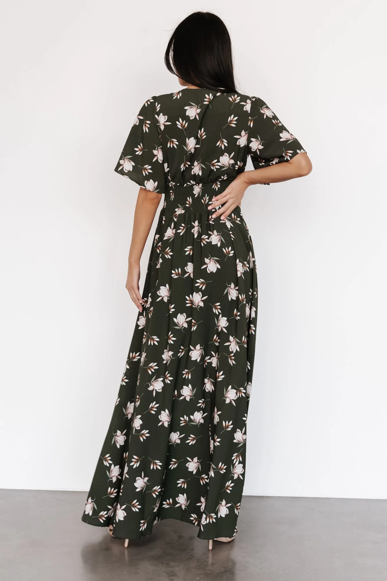 Verona Smocked Maxi Dress | Green + White Floral sold by Baltic Born product image thumbnail 4