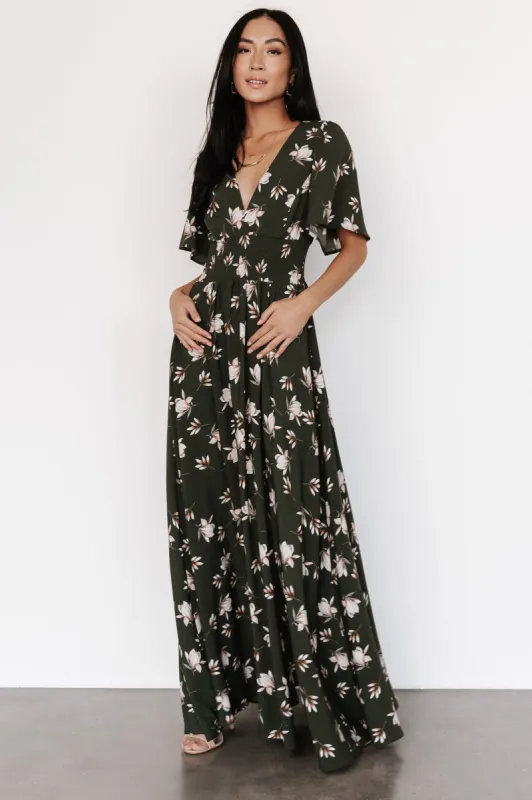 Verona Smocked Maxi Dress | Green + White Floral sold by Baltic Born