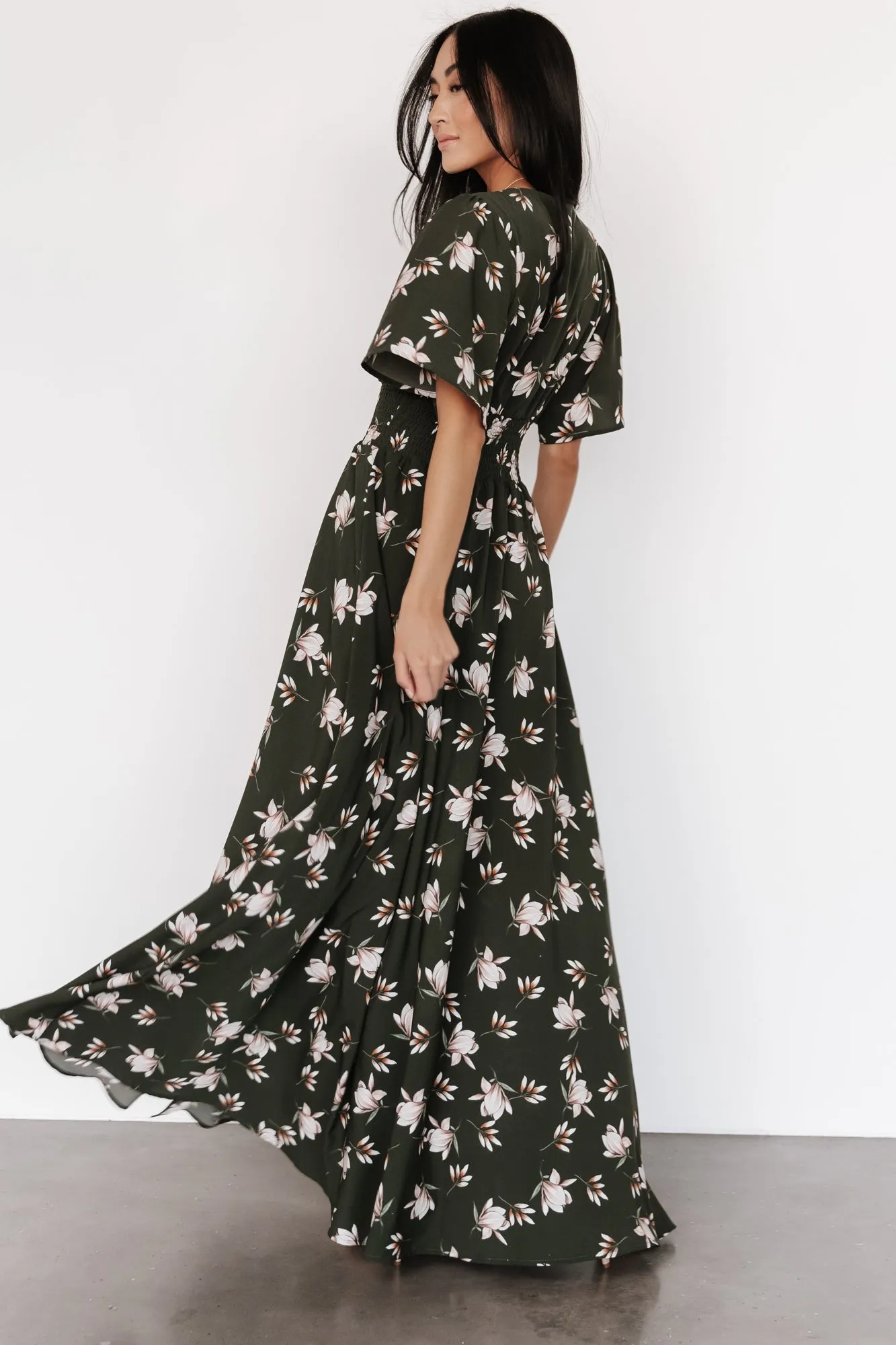 Verona Smocked Maxi Dress | Green + White Floral sold by Baltic Born product image thumbnail 5