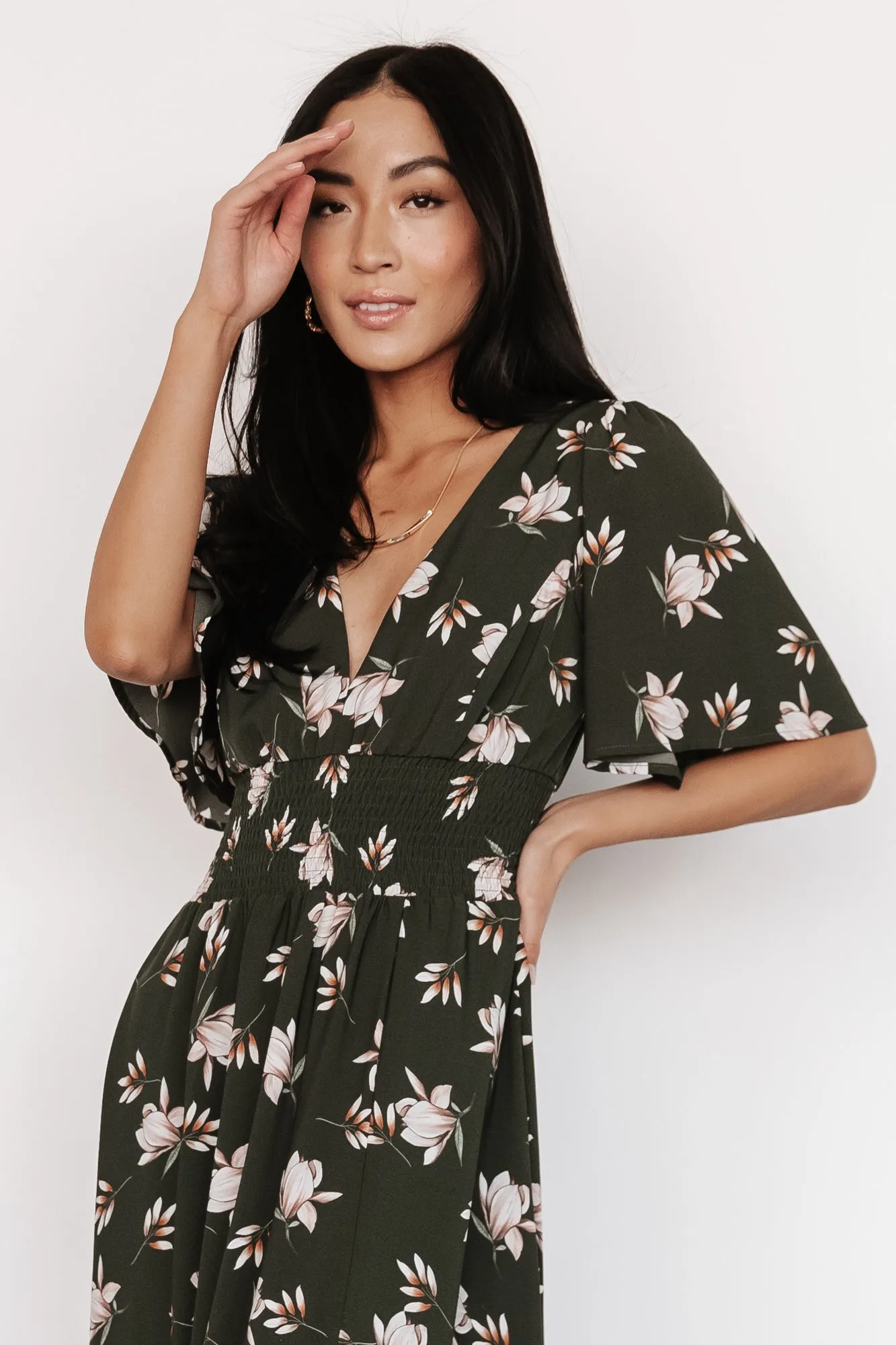 Verona Smocked Maxi Dress | Green + White Floral sold by Baltic Born product image thumbnail 2