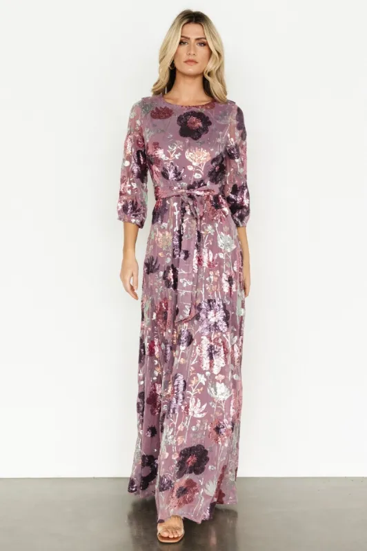 Destiny Sequin Maxi Dress | Lilac Floral sold by Baltic Born