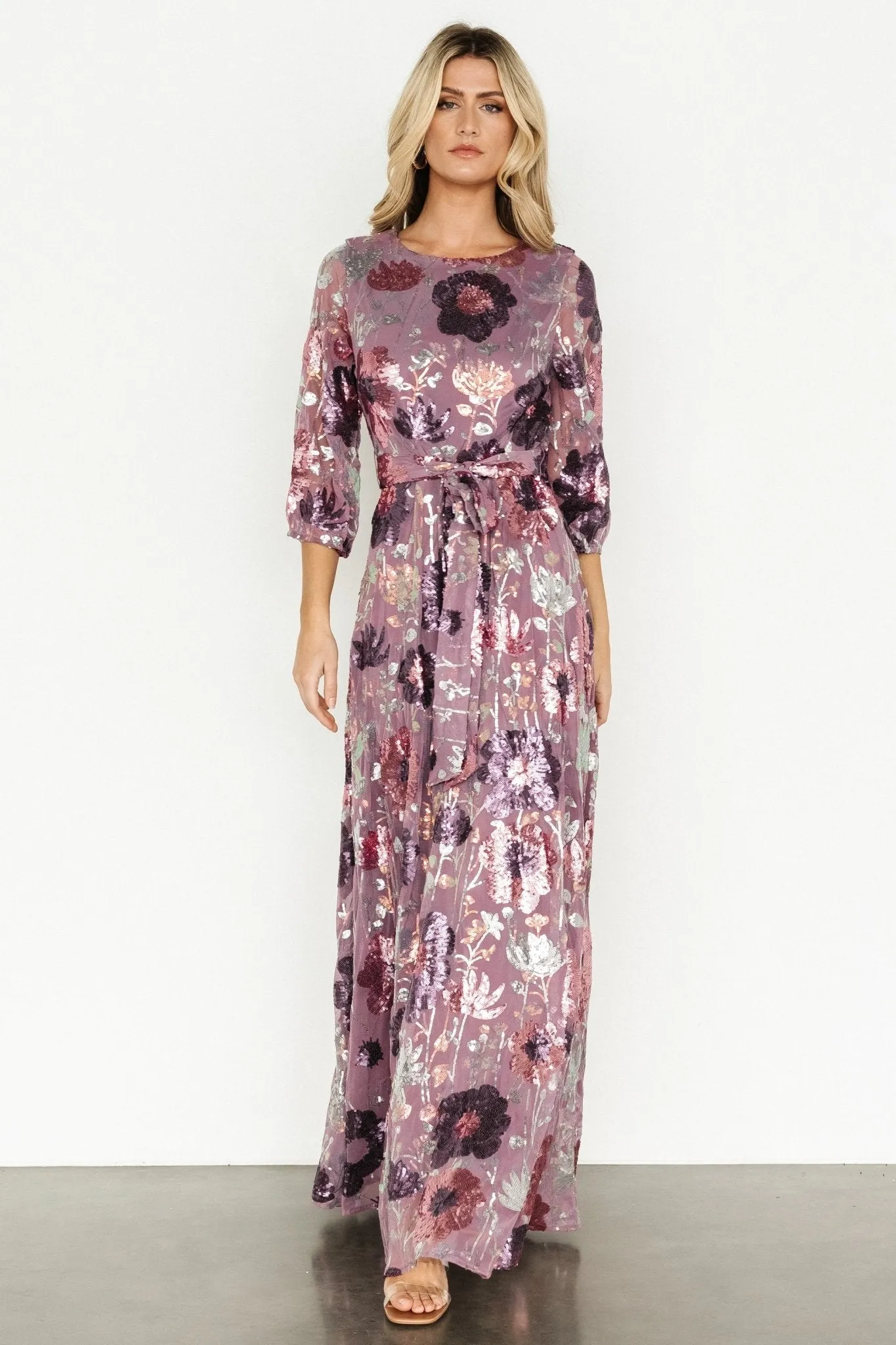 Destiny Sequin Maxi Dress | Lilac Floral sold by Baltic Born