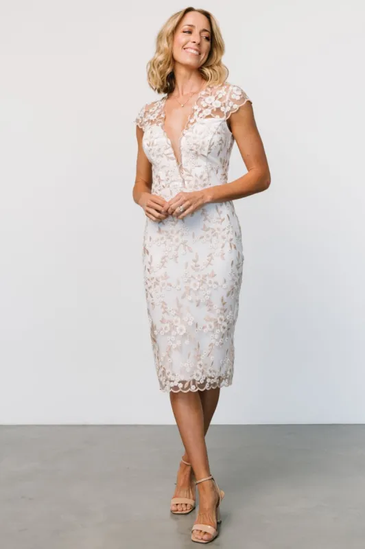 Monique Embroidered Midi Dress | White + Gold sold by Baltic Born