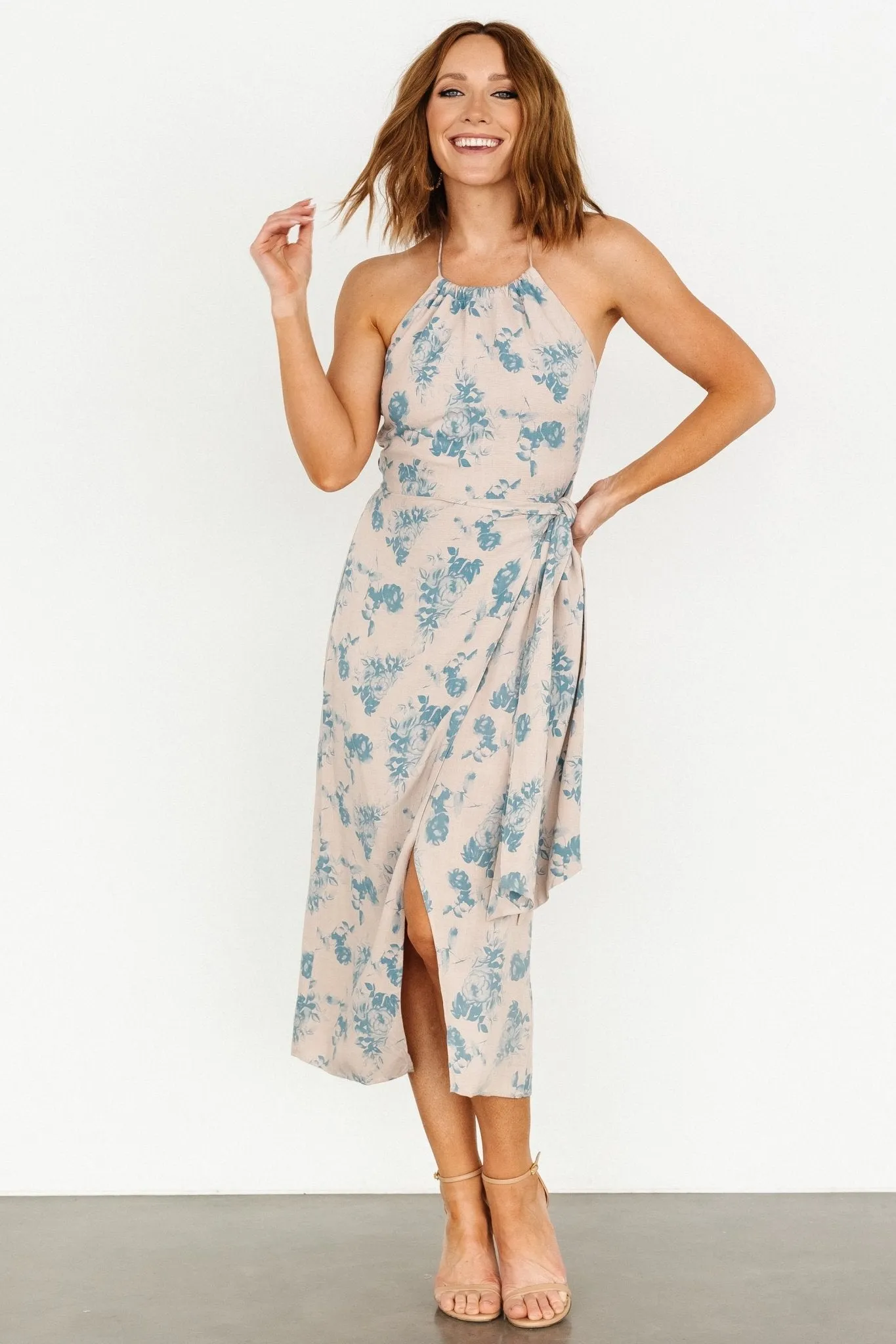 Nicole Faux Wrap Midi Dress | Natural + Blue sold by Baltic Born