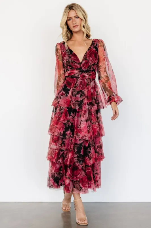 Carolina Tulle Tiered Maxi Dress | Red + Black Floral sold by Baltic Born