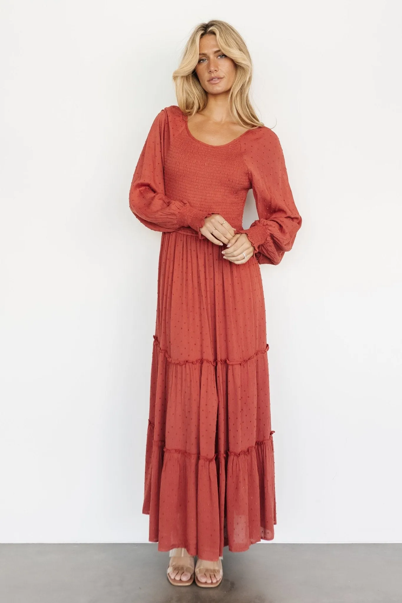 Bayley Smocked Dotted Maxi Dress | Red Rock sold by Baltic Born