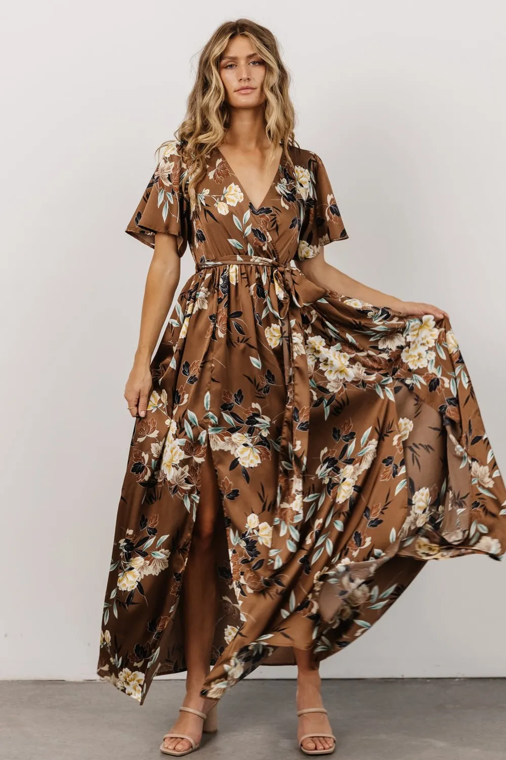 Sicily Satin Maxi Dress | Mocha Floral sold by Baltic Born