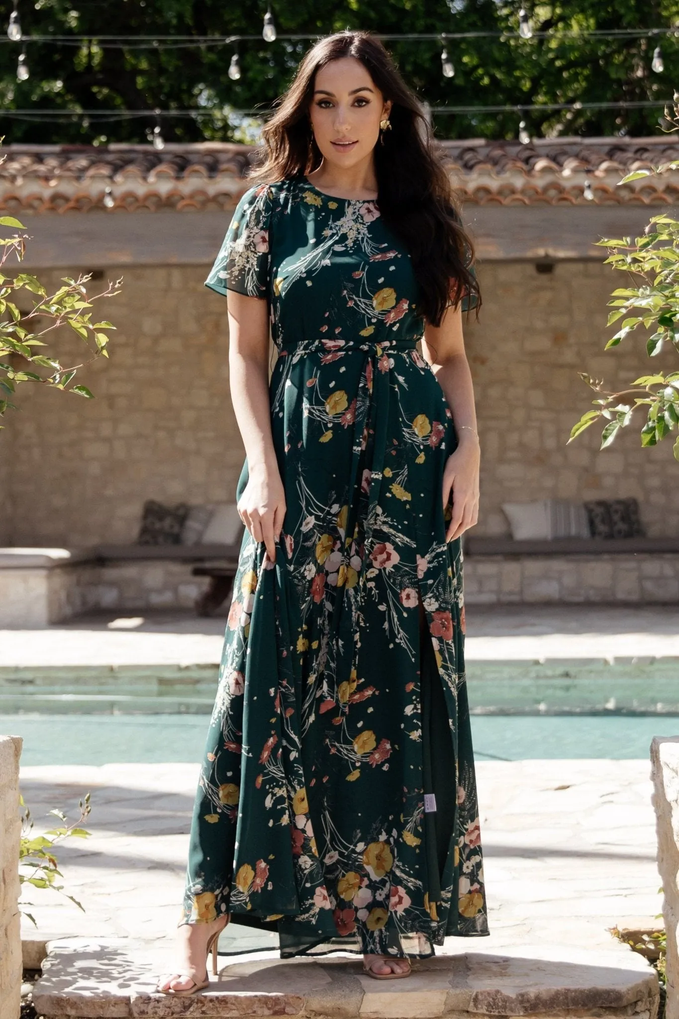 Naomi Short Sleeve Maxi Dress | Dark Green Floral sold by Baltic Born