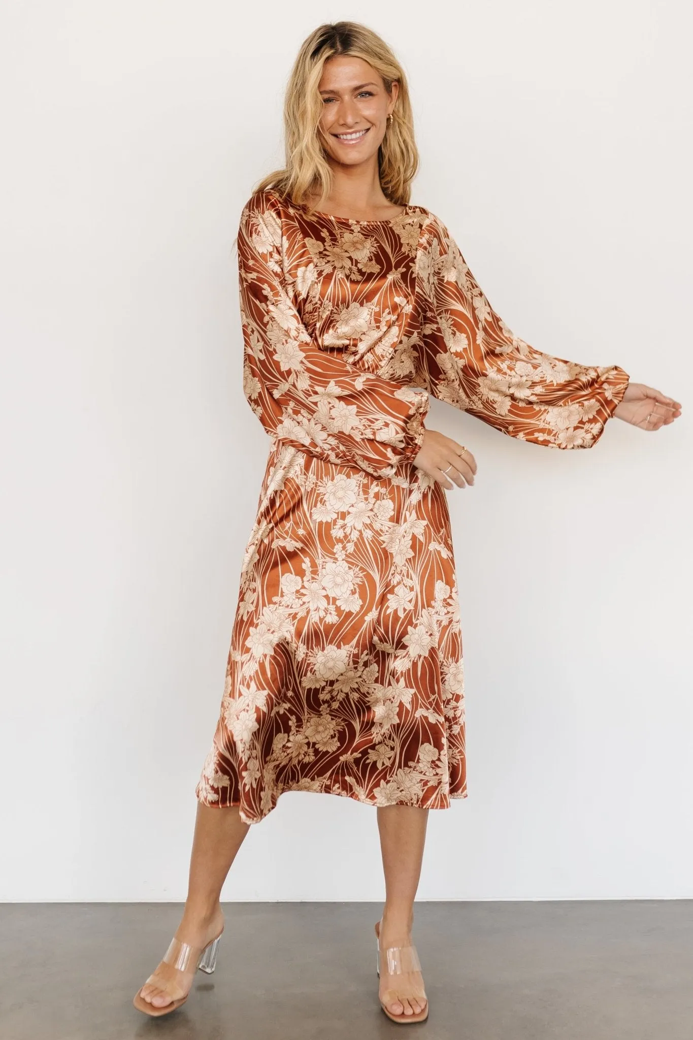 Beverly Satin Midi Dress | Rust Print sold by Baltic Born product image thumbnail 3