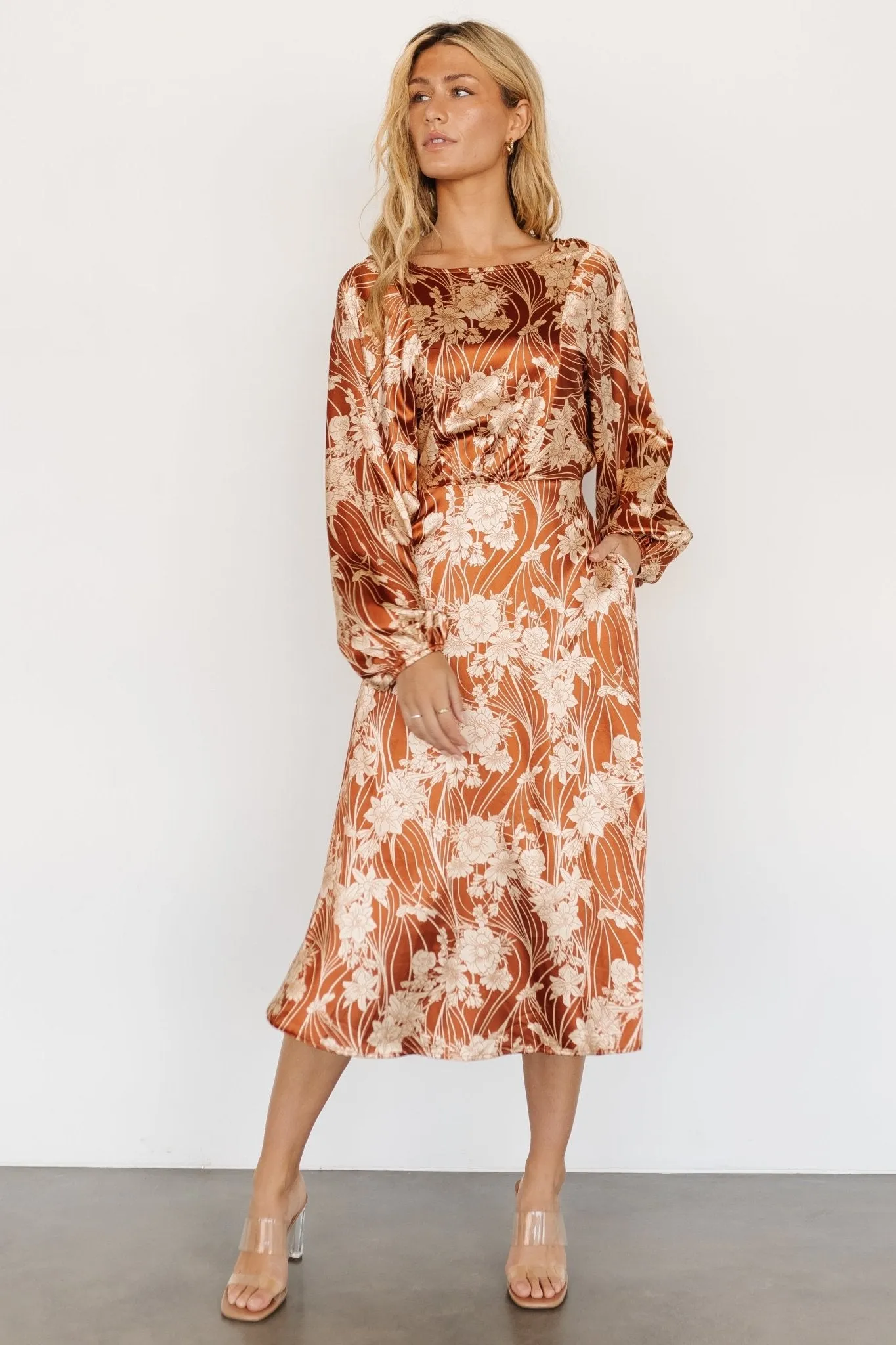 Beverly Satin Midi Dress | Rust Print sold by Baltic Born product image thumbnail 4