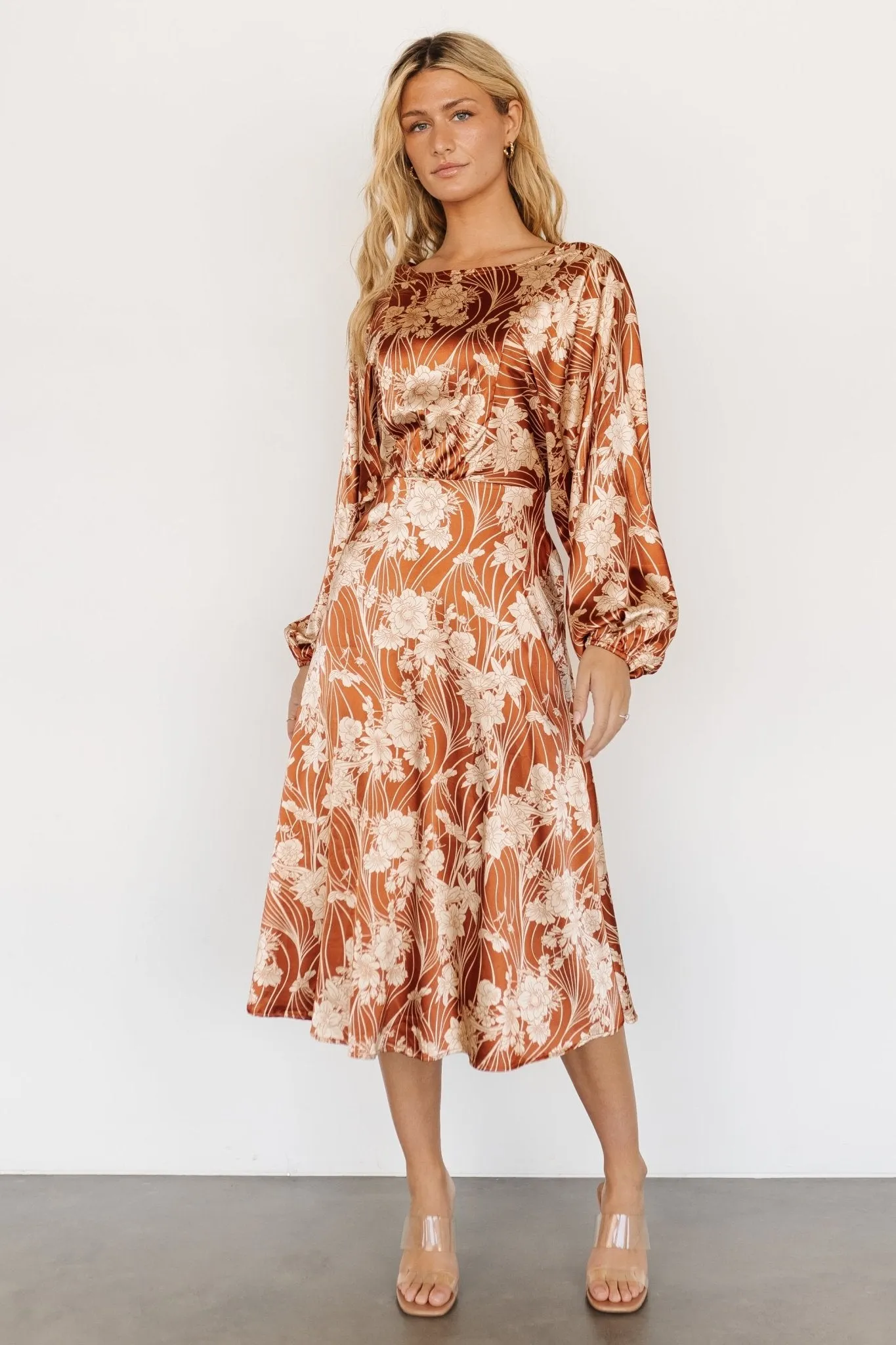 Beverly Satin Midi Dress | Rust Print sold by Baltic Born