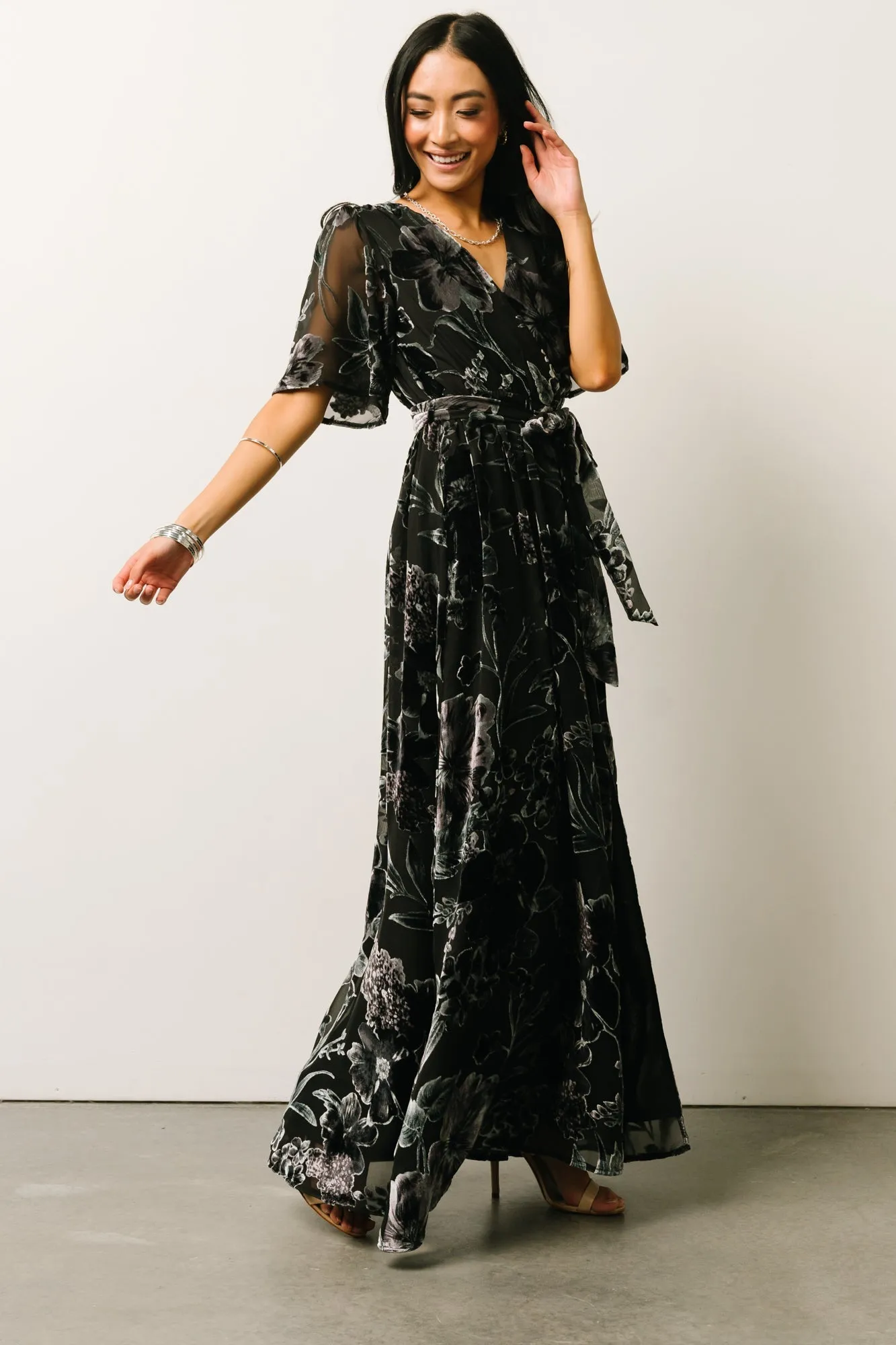 Uma Velvet Maxi Dress | Black + Silver Floral sold by Baltic Born product image thumbnail 4