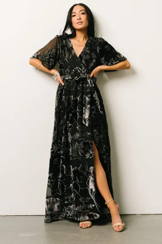 Uma Velvet Maxi Dress | Black + Silver Floral sold by Baltic Born