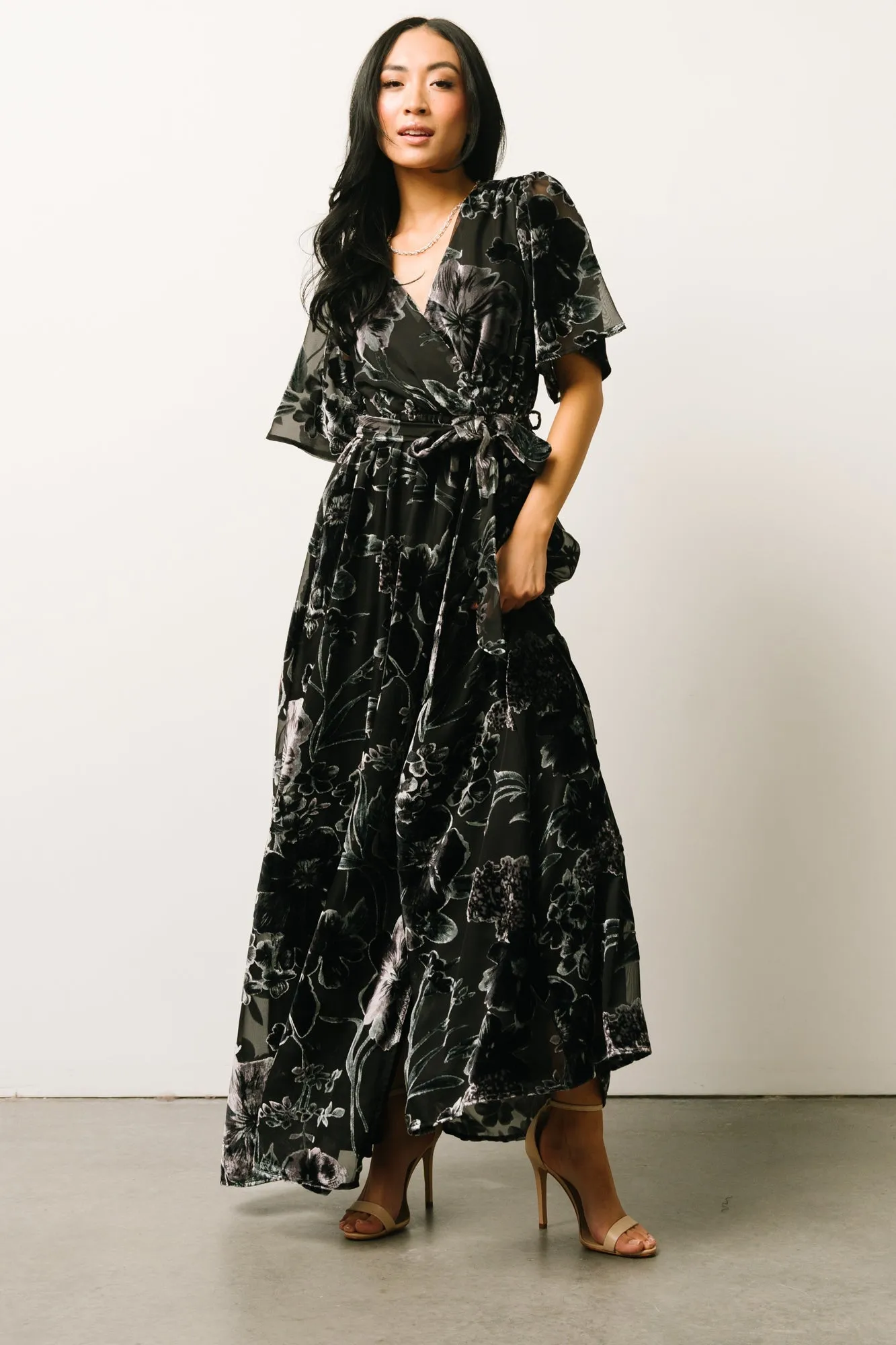 Uma Velvet Maxi Dress | Black + Silver Floral sold by Baltic Born product image thumbnail 3