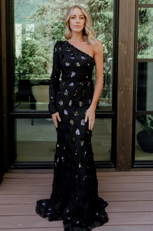 Porscha One Shoulder Gown | Black sold by Baltic Born