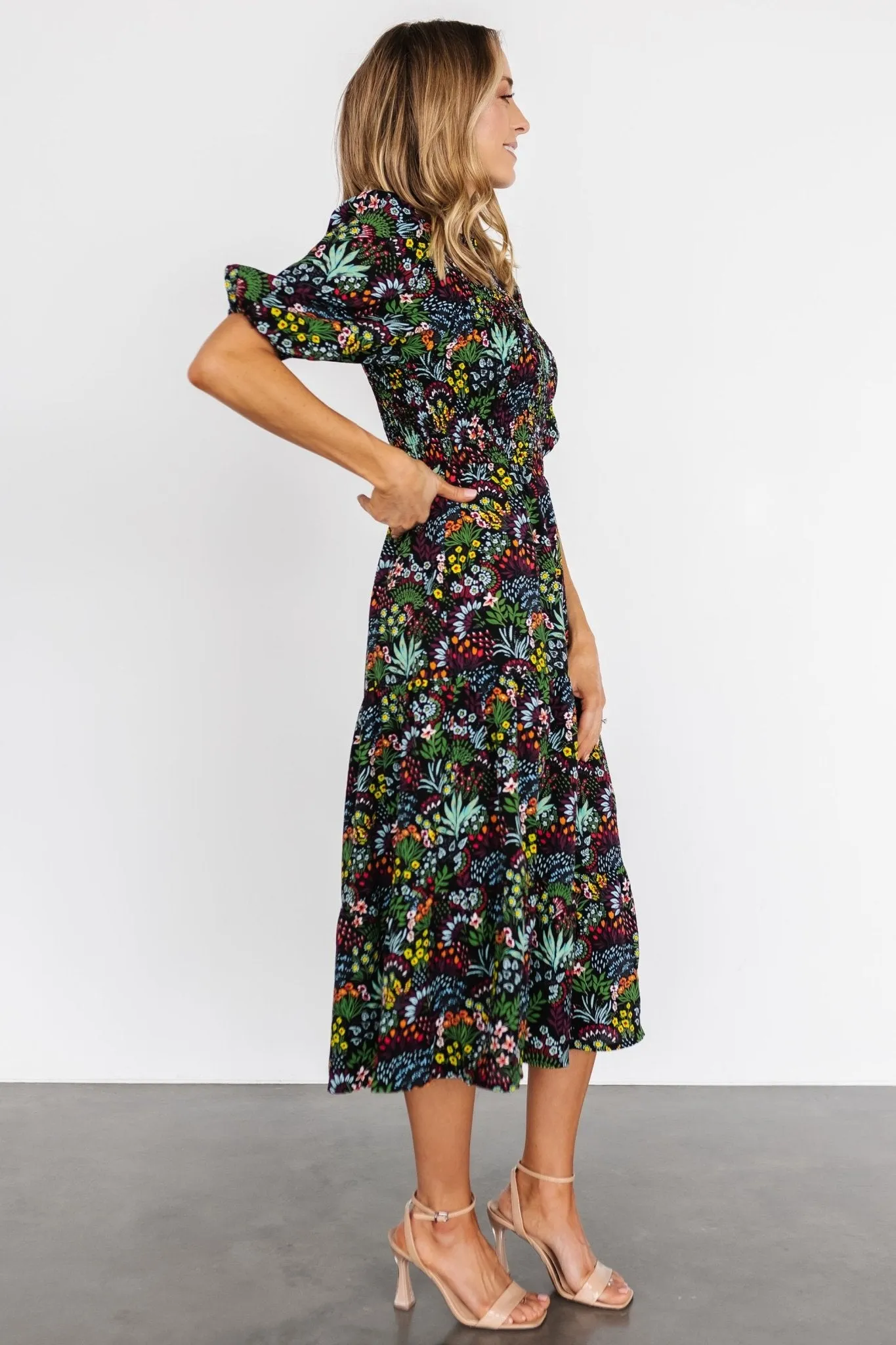 Lena Tiered Midi Dress | Black Multi Floral sold by Baltic Born product image thumbnail 3