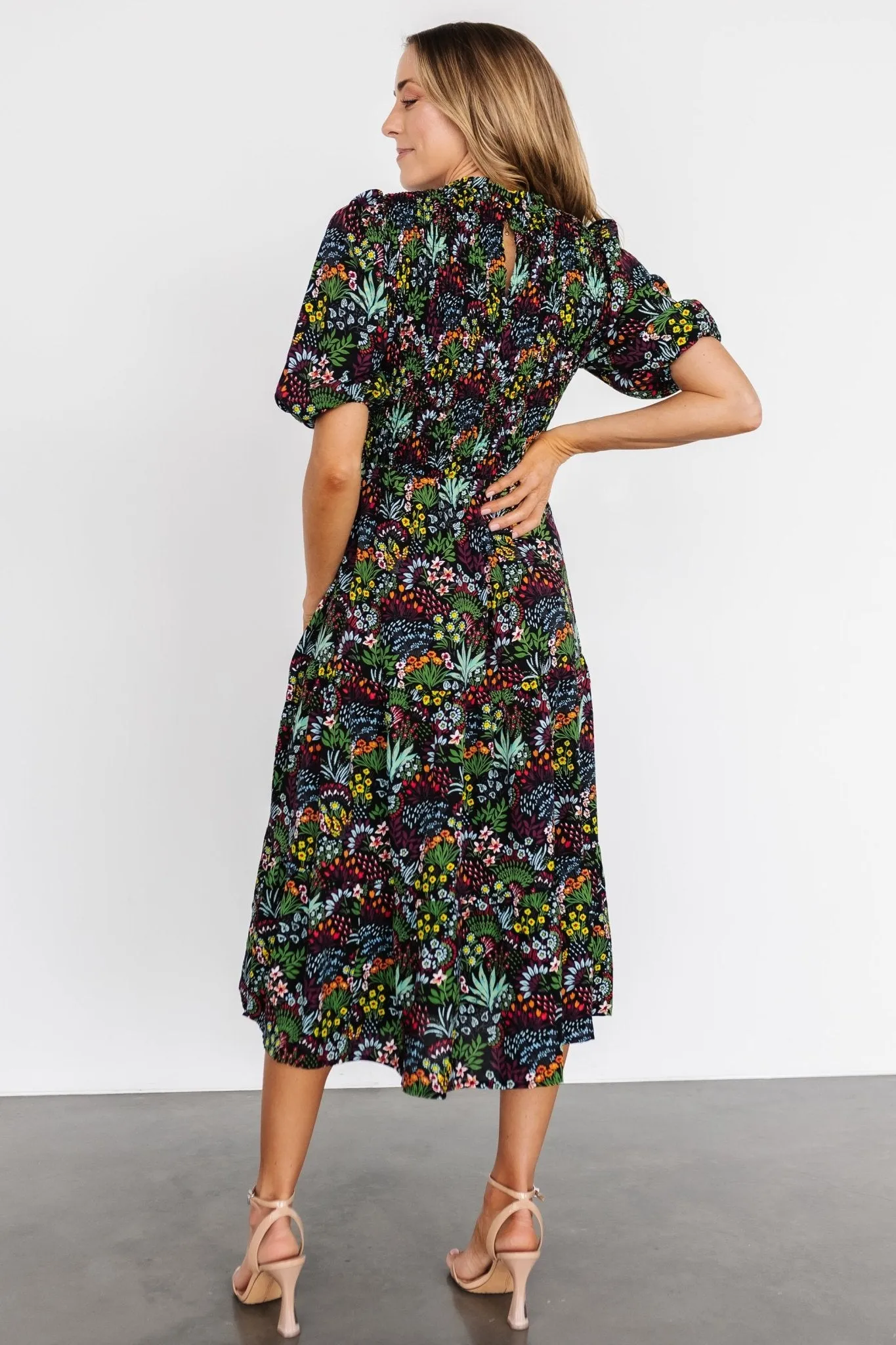 Lena Tiered Midi Dress | Black Multi Floral sold by Baltic Born product image thumbnail 4