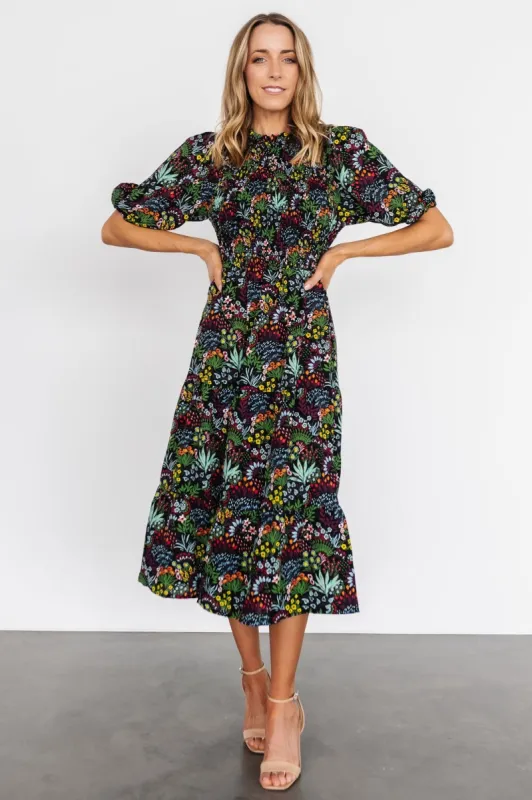 Lena Tiered Midi Dress | Black Multi Floral sold by Baltic Born