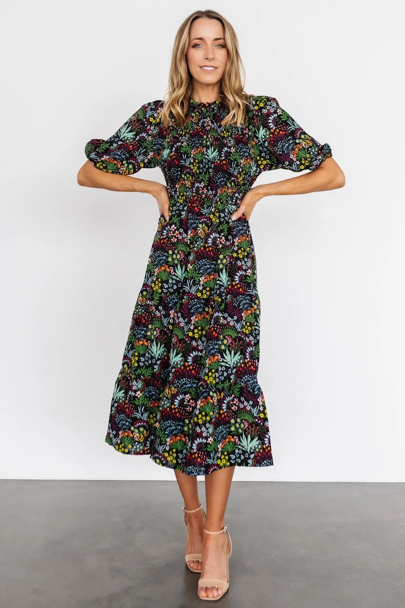 Lena Tiered Midi Dress | Black Multi Floral sold by Baltic Born