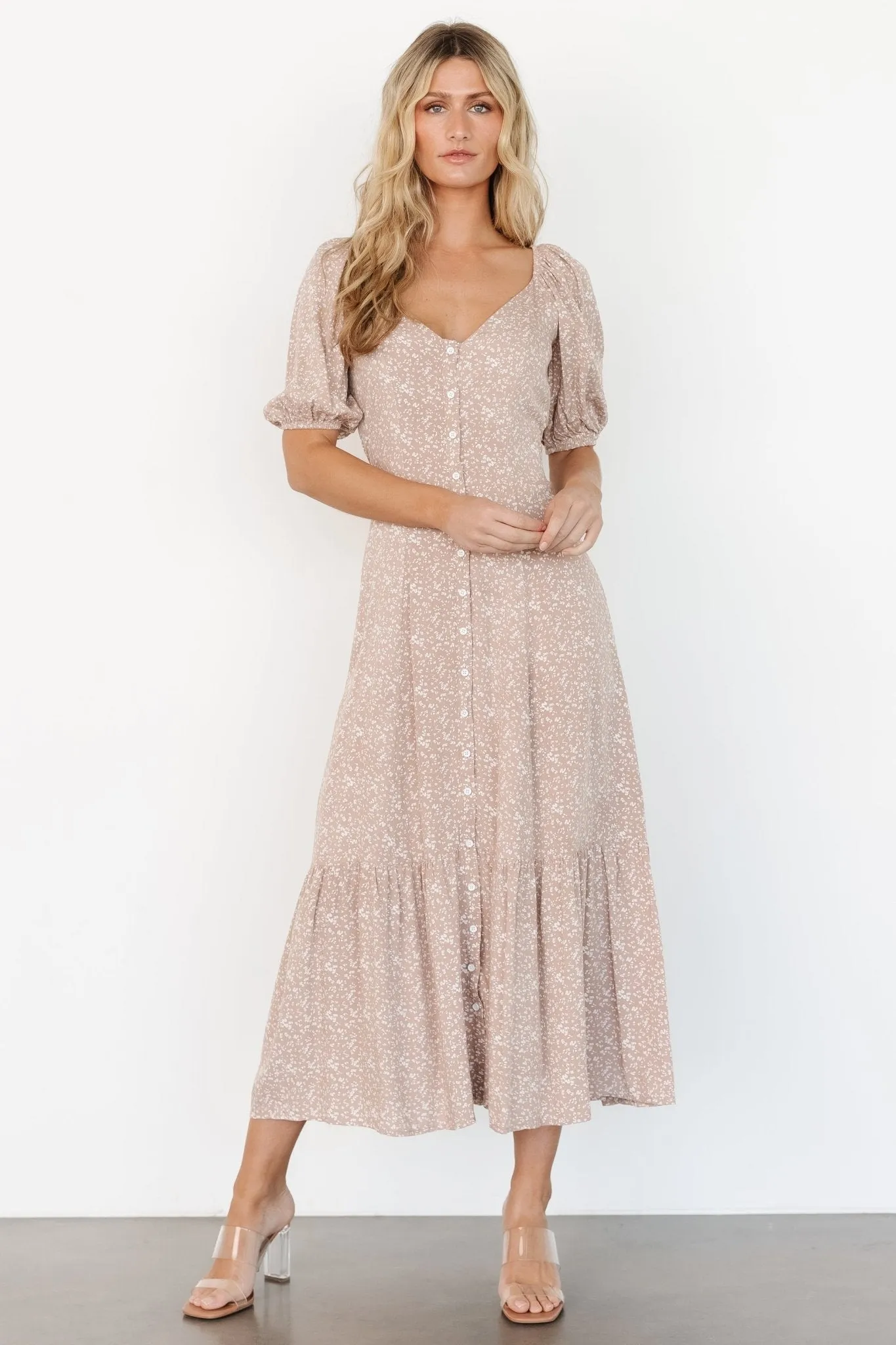 Mathilda Button Maxi Dress | Beige Floral sold by Baltic Born