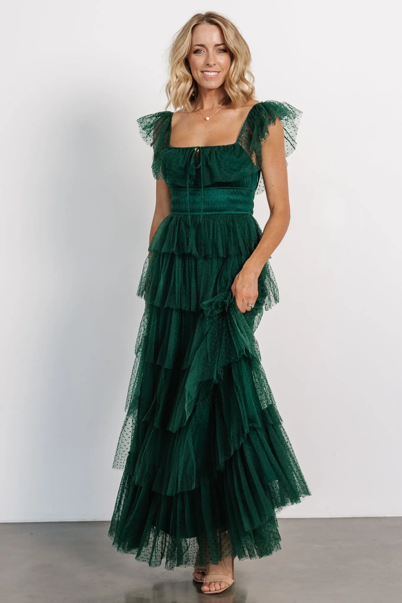 Valora Swiss Dot Tulle Maxi Dress | Dark Green sold by Baltic Born