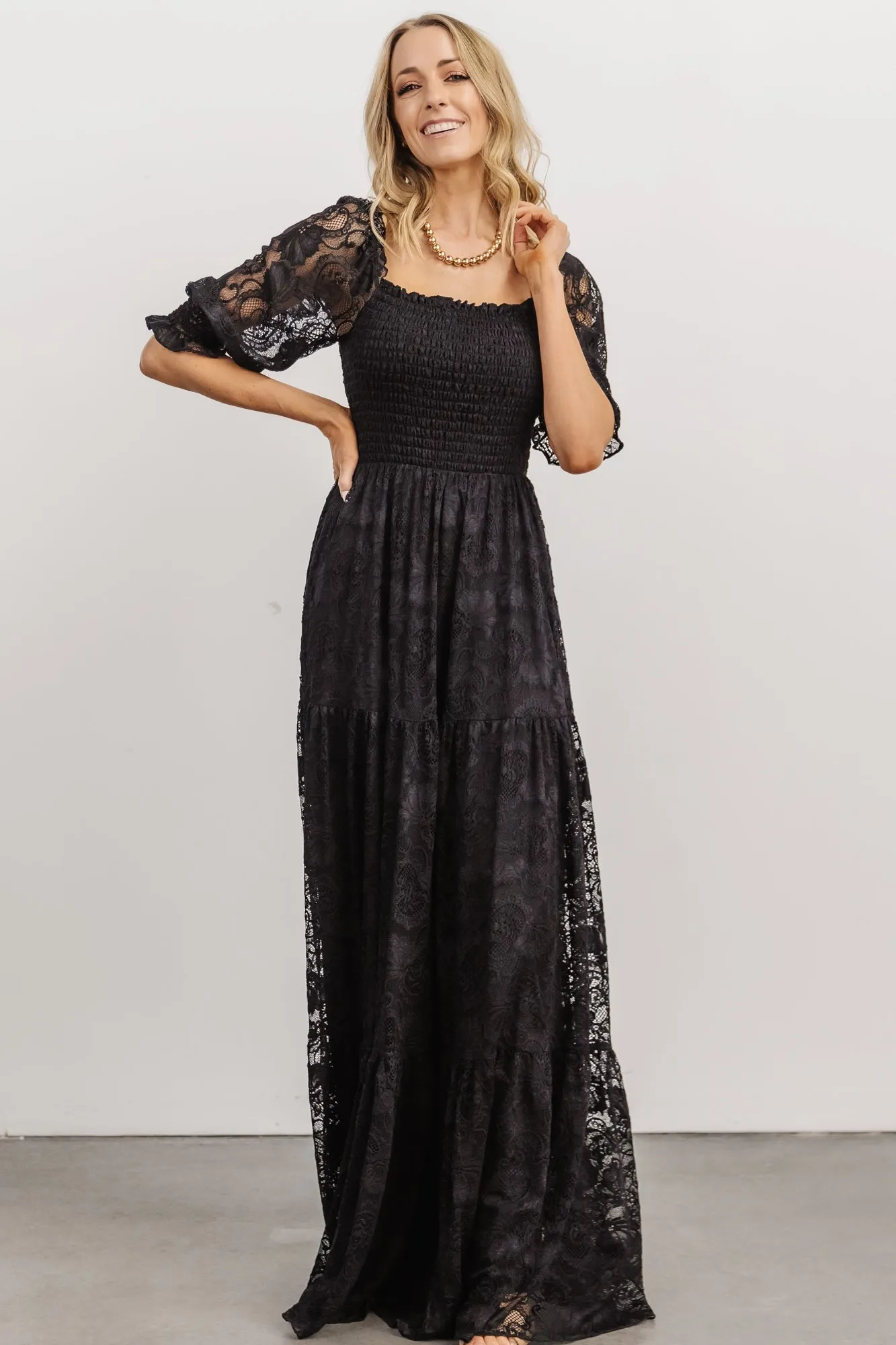Stella Smocked Lace Maxi Dress | Black sold by Baltic Born